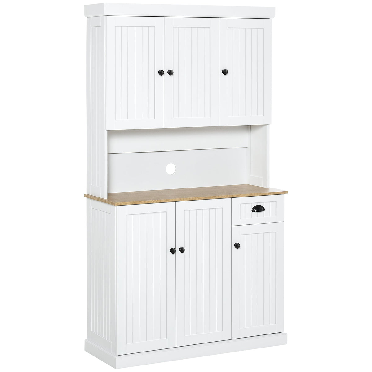 HOMCOM 180cm Kitchen Cupboard with 6 Doors, Modern Kitchen Storage Cabinet with Microwave Oven Countertop, Drawer, Adjustable Shelves and Cable Hole, White