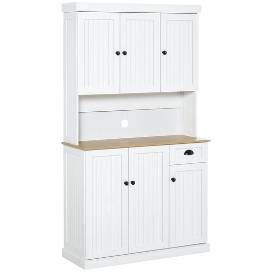 HOMCOM 180cm Kitchen Cupboard with 6 Doors, Modern Kitchen Storage Cabinet with Microwave Oven Countertop, Drawer, Adjustable Shelves and Cable Hole, White