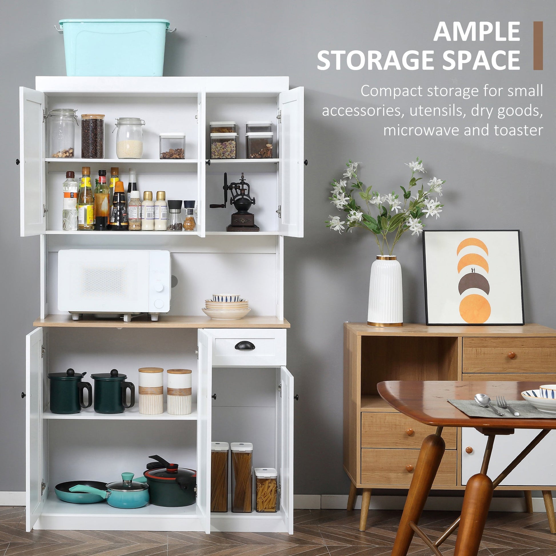 HOMCOM 180cm Kitchen Cupboard with 6 Doors, Modern Kitchen Storage Cabinet with Microwave Oven Countertop, Drawer, Adjustable Shelves and Cable Hole, White