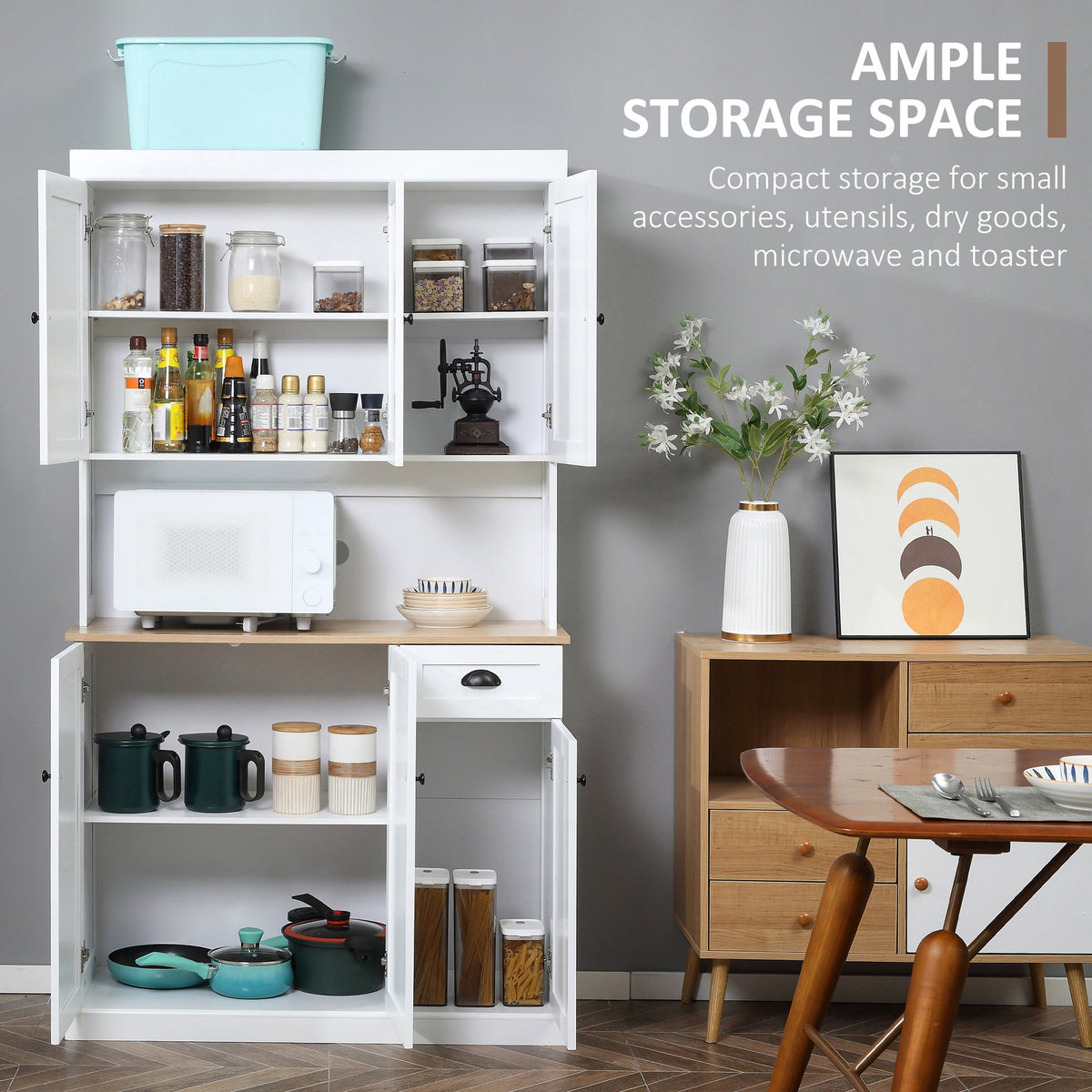 HOMCOM 180cm Kitchen Cupboard with 6 Doors, Modern Kitchen Storage Cabinet with Microwave Oven Countertop, Drawer, Adjustable Shelves and Cable Hole, White