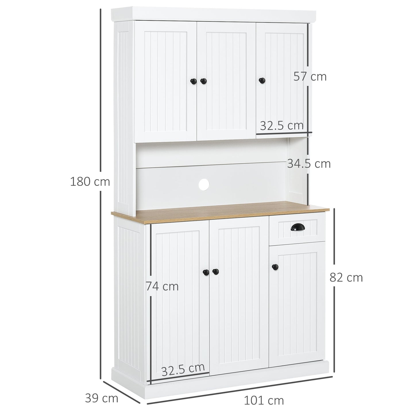 HOMCOM 180cm Kitchen Cupboard with 6 Doors, Modern Kitchen Storage Cabinet with Microwave Oven Countertop, Drawer, Adjustable Shelves and Cable Hole, White