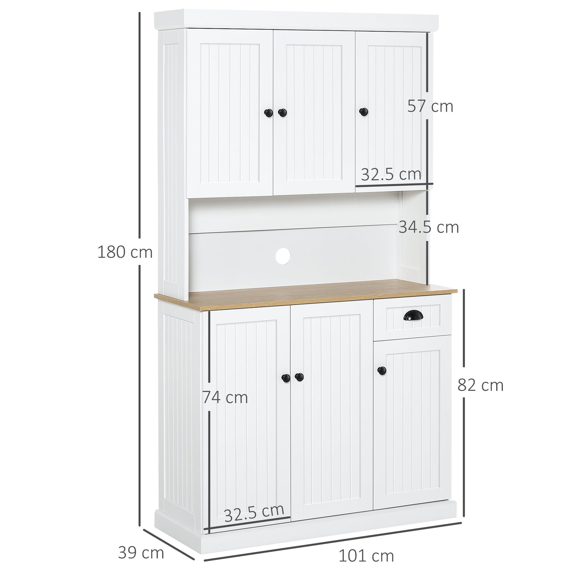 HOMCOM 180cm Kitchen Cupboard with 6 Doors, Modern Kitchen Storage Cabinet with Microwave Oven Countertop, Drawer, Adjustable Shelves and Cable Hole, White
