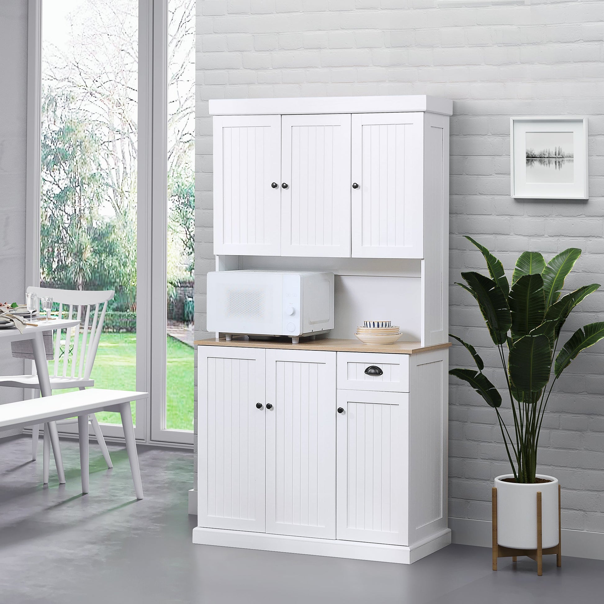 HOMCOM 180cm Kitchen Cupboard with 6 Doors, Modern Kitchen Storage Cabinet with Microwave Oven Countertop, Drawer, Adjustable Shelves and Cable Hole, White