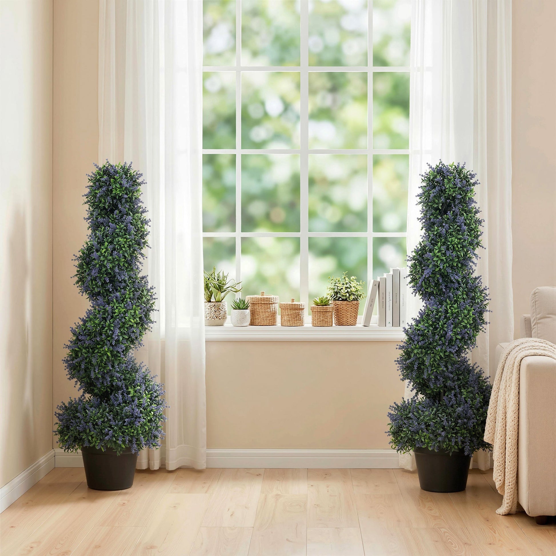 Set of 2 Artificial Lavender Topiary Tree, Spiral Topiary Tree with 315 Leaves and 315 Flowers, Fake Plants in Pot for Indoor Outdoor Decor, 90cm, Purple