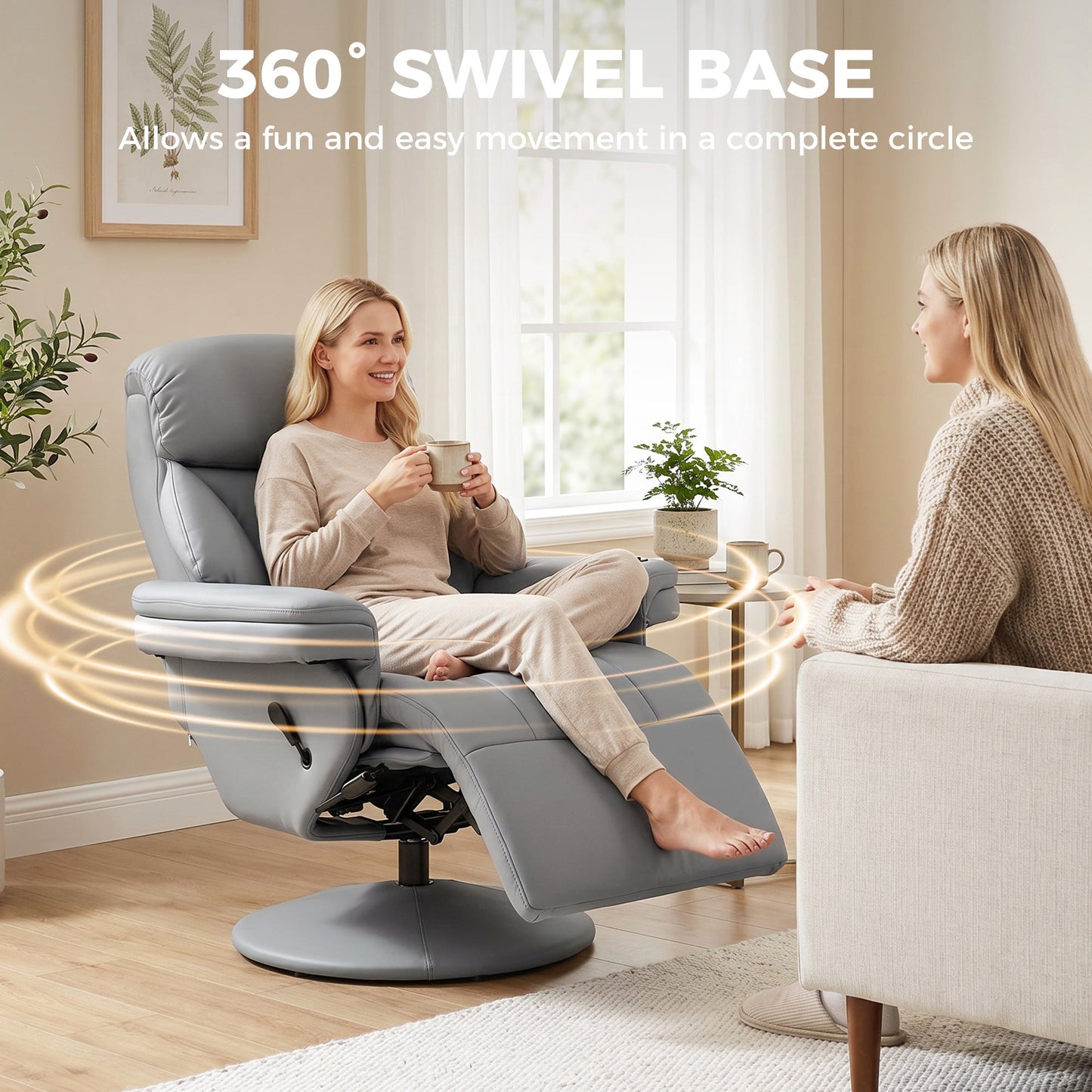 Manual Recliner Chair with Footrest, Upholstered Reclining Armchair with Adjustable Backrest and Cup Holder, PU Leather Swivel Chair for Living Room, Bedroom, Grey