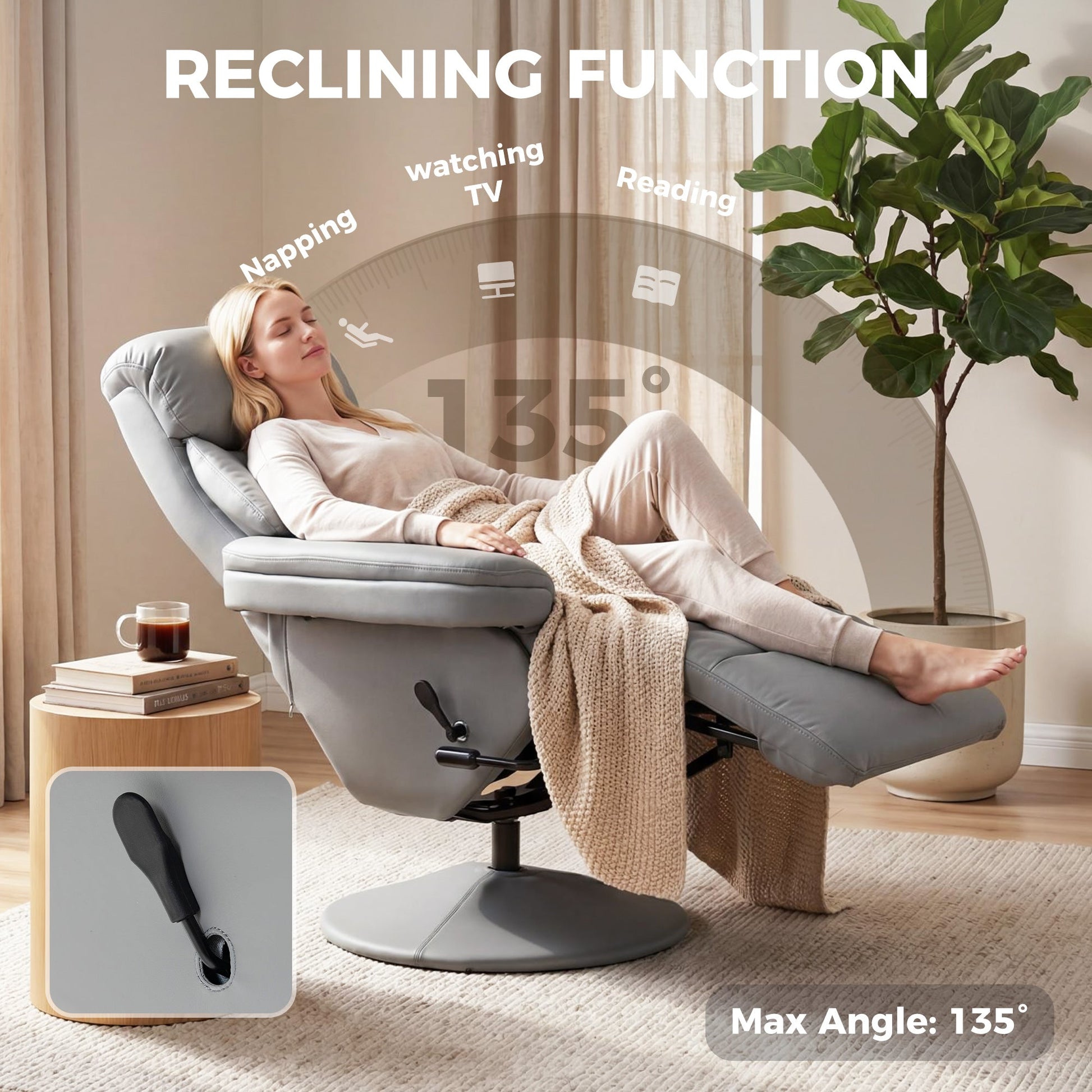 Manual Recliner Chair with Footrest, Upholstered Reclining Armchair with Adjustable Backrest and Cup Holder, PU Leather Swivel Chair for Living Room, Bedroom, Grey