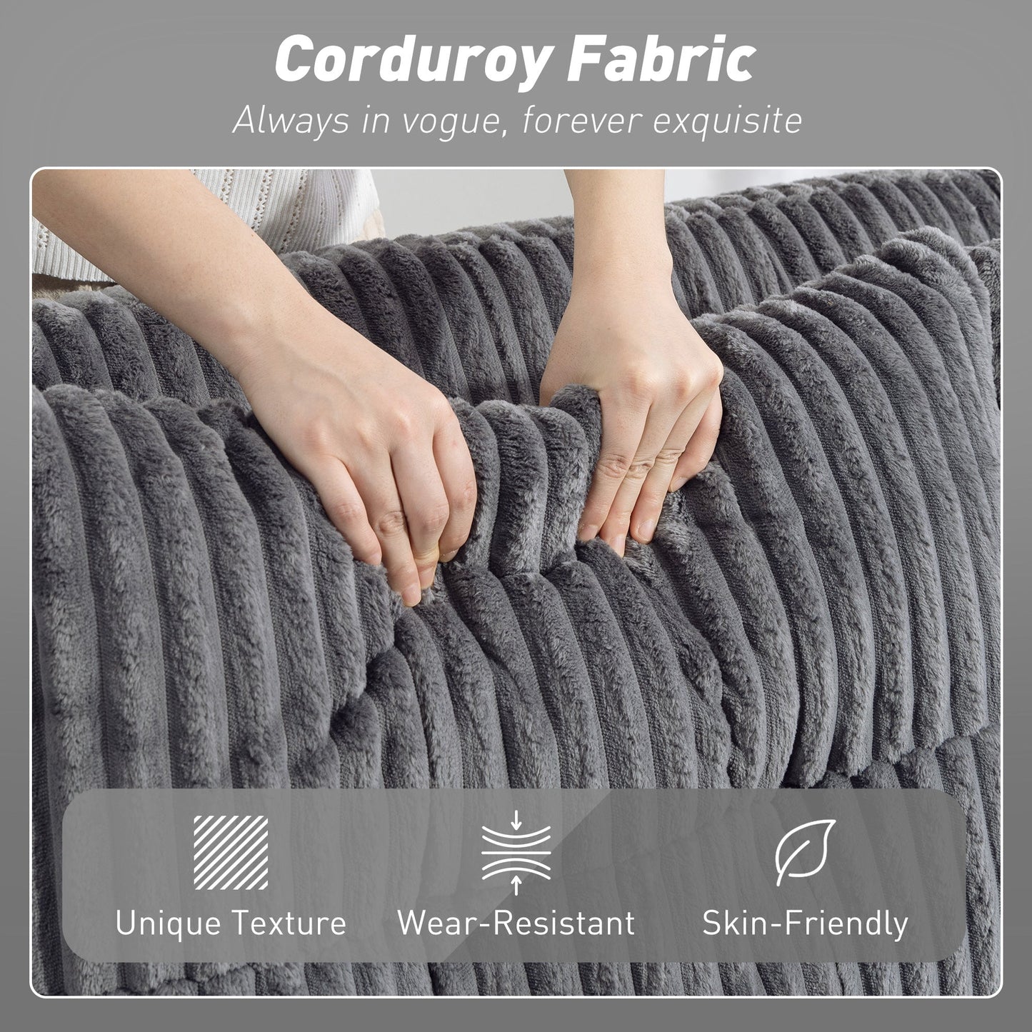 2 Seater Sofa Bed, Corduroy Click Clack Sleeper Sofa with Pull Out Design, 2 Pillows, Cup Holders, Side Pockets, Convertible Loveseat Bed Settee for Living Room, 157x190cm, Charcoal Grey