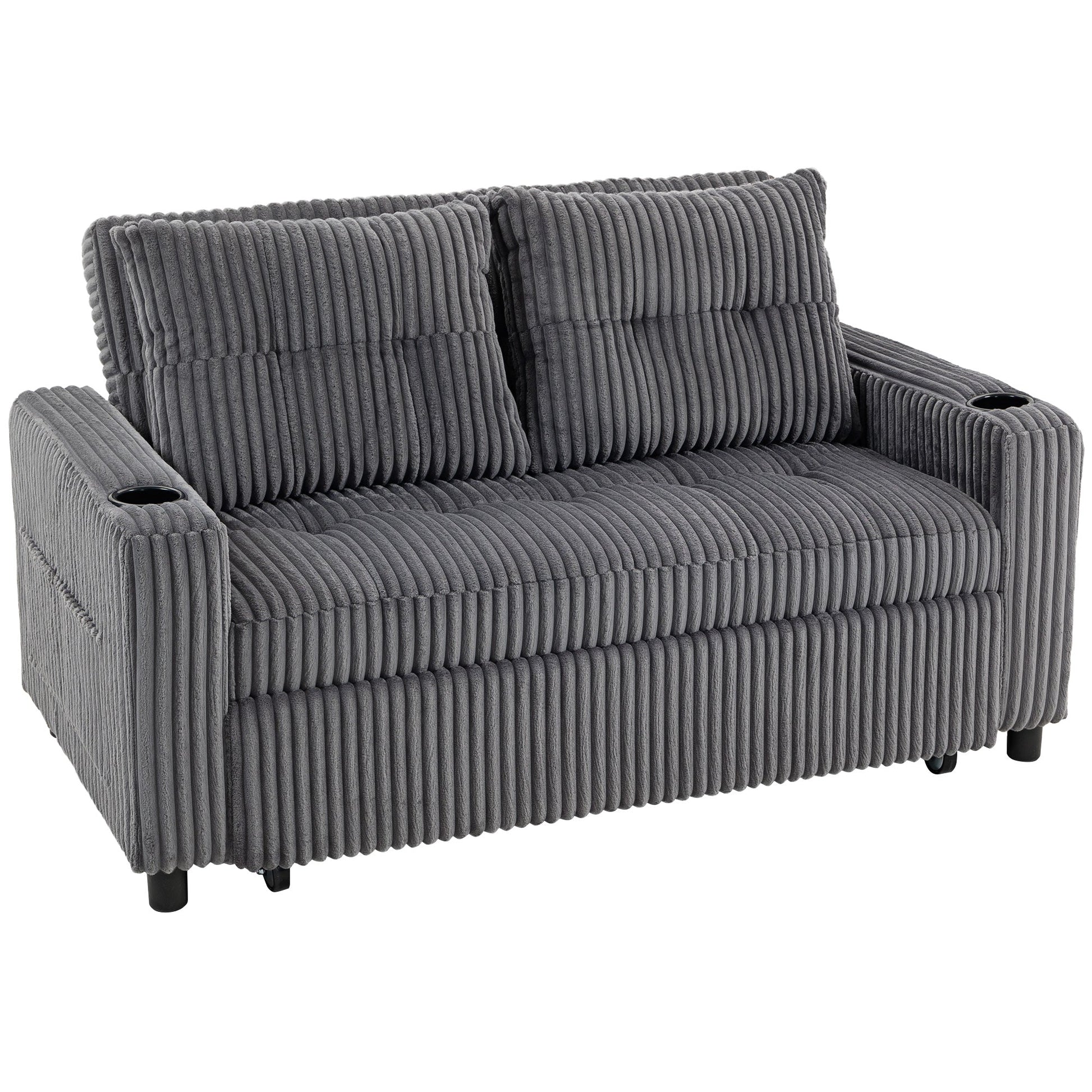 2 Seater Sofa Bed, Corduroy Click Clack Sleeper Sofa with Pull Out Design, 2 Pillows, Cup Holders, Side Pockets, Convertible Loveseat Bed Settee for Living Room, 157x190cm, Charcoal Grey