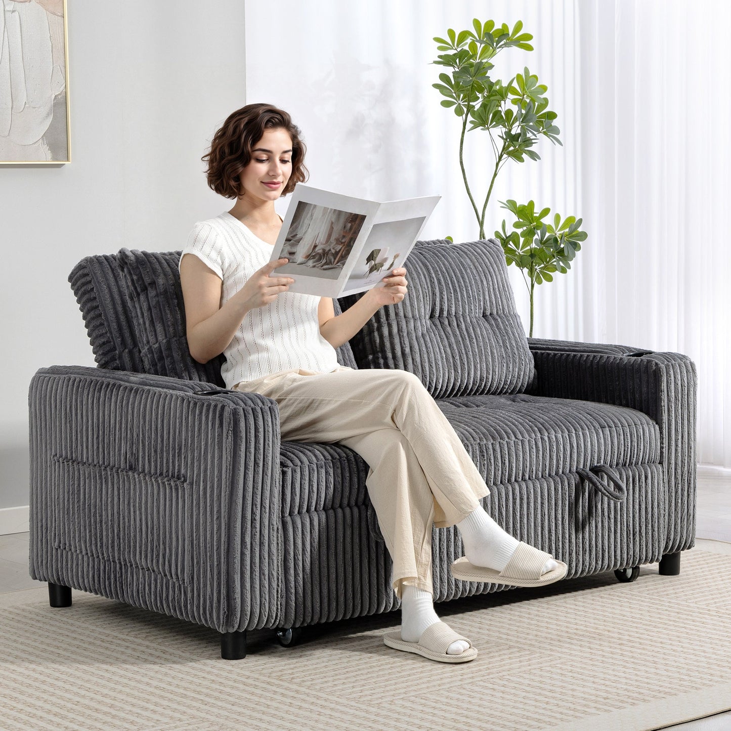 2 Seater Sofa Bed, Corduroy Click Clack Sleeper Sofa with Pull Out Design, 2 Pillows, Cup Holders, Side Pockets, Convertible Loveseat Bed Settee for Living Room, 157x190cm, Charcoal Grey