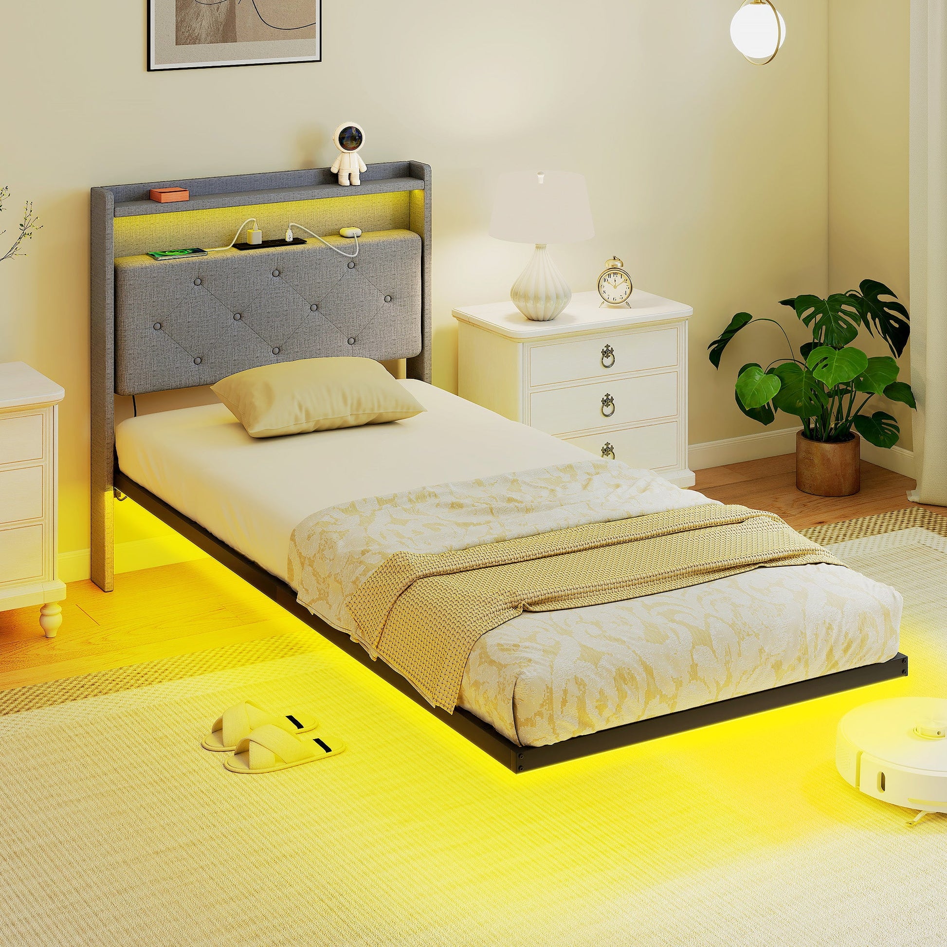 3ft Single Size Bed Frame, Floating Bed Frame with Music Sync RGB LED Lights and Charging Station, Upholstered Headboard with Storage Shelves, No Box Spring Needed, Noise Free, Grey