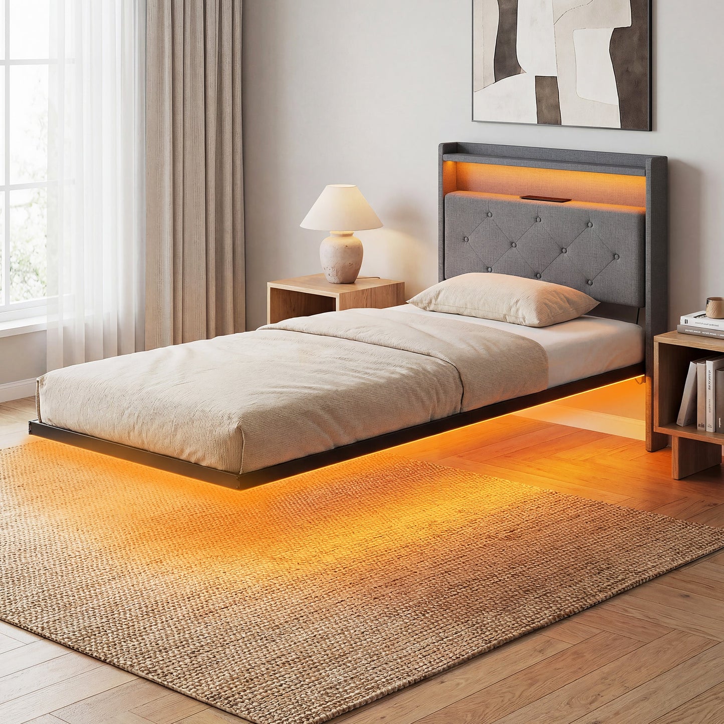 3ft Single Size Bed Frame, Floating Bed Frame with Music Sync RGB LED Lights and Charging Station, Upholstered Headboard with Storage Shelves, No Box Spring Needed, Noise Free, Grey