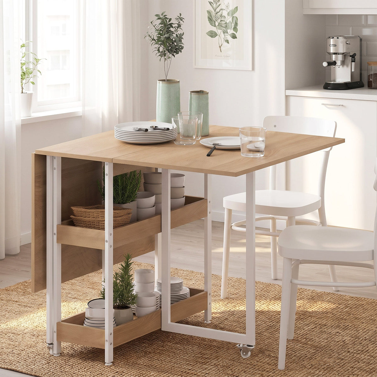 Folding Dining Table for 4, Space-Saving Drop-Leaf Kitchen Table with Storage Shelves and Wheels for Small Spaces, Dining Room or Kitchen, Natural