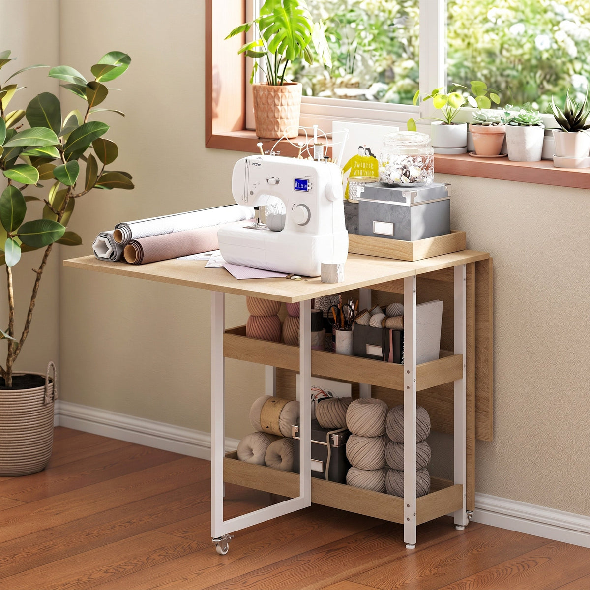 Folding Dining Table for 4, Space-Saving Drop-Leaf Kitchen Table with Storage Shelves and Wheels for Small Spaces, Dining Room or Kitchen, Natural