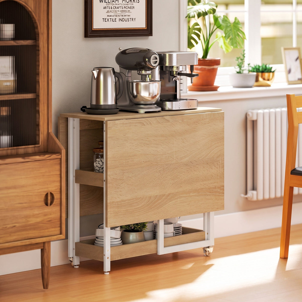 Folding Dining Table for 4, Space-Saving Drop-Leaf Kitchen Table with Storage Shelves and Wheels for Small Spaces, Dining Room or Kitchen, Natural