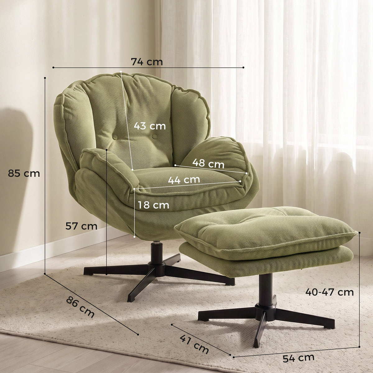 Armchair with Adjustable Footstool, 360° Swivel Chenille Cloud Accent Chair with Thick Cushion, Steel Base for Living Room, Bedroom, Green
