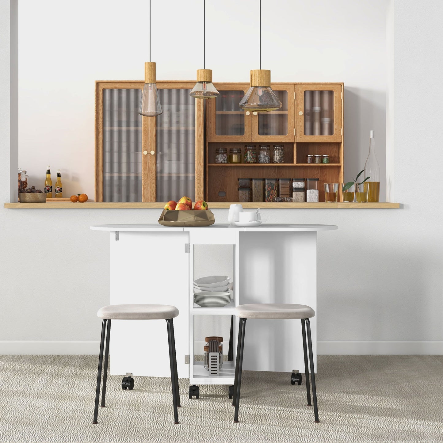 HOMCOM Mobile Folding Dining Table, Drop Leaf Table for Small Spaces with 2-tier Shelves, Small Kitchen Table With 6 Wheels, White