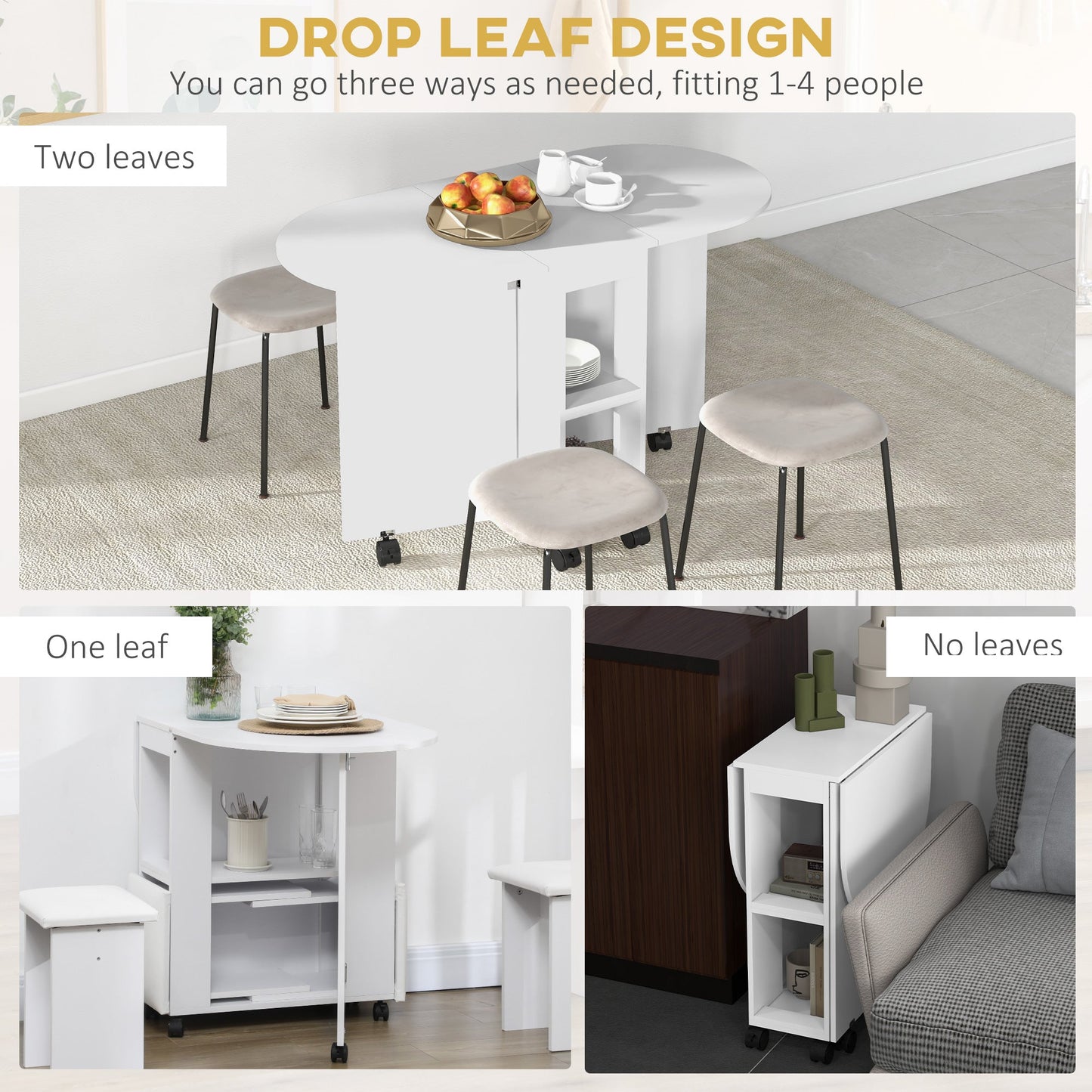 HOMCOM Mobile Folding Dining Table, Drop Leaf Table for Small Spaces with 2-tier Shelves, Small Kitchen Table With 6 Wheels, White