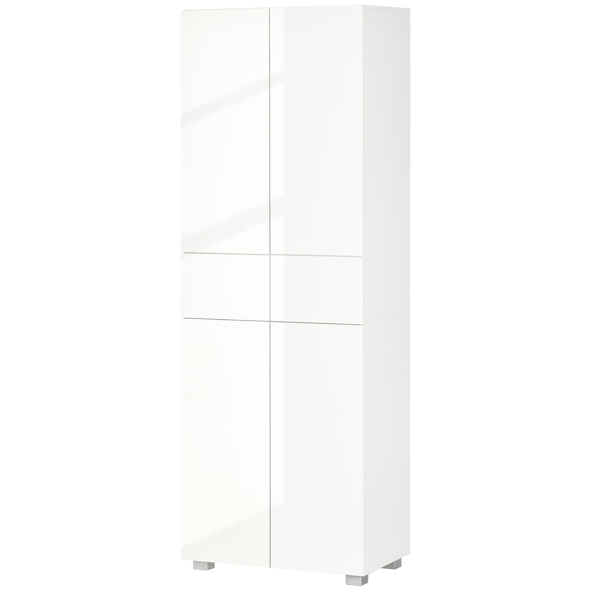 4-Door Kitchen Cupboard, Tall Freestanding 5-Tier Storage Cabinet with 3 Adjustable Shelves, 2 Drawers for Living Room, Dining Room, Push to Open Design, High Gloss White