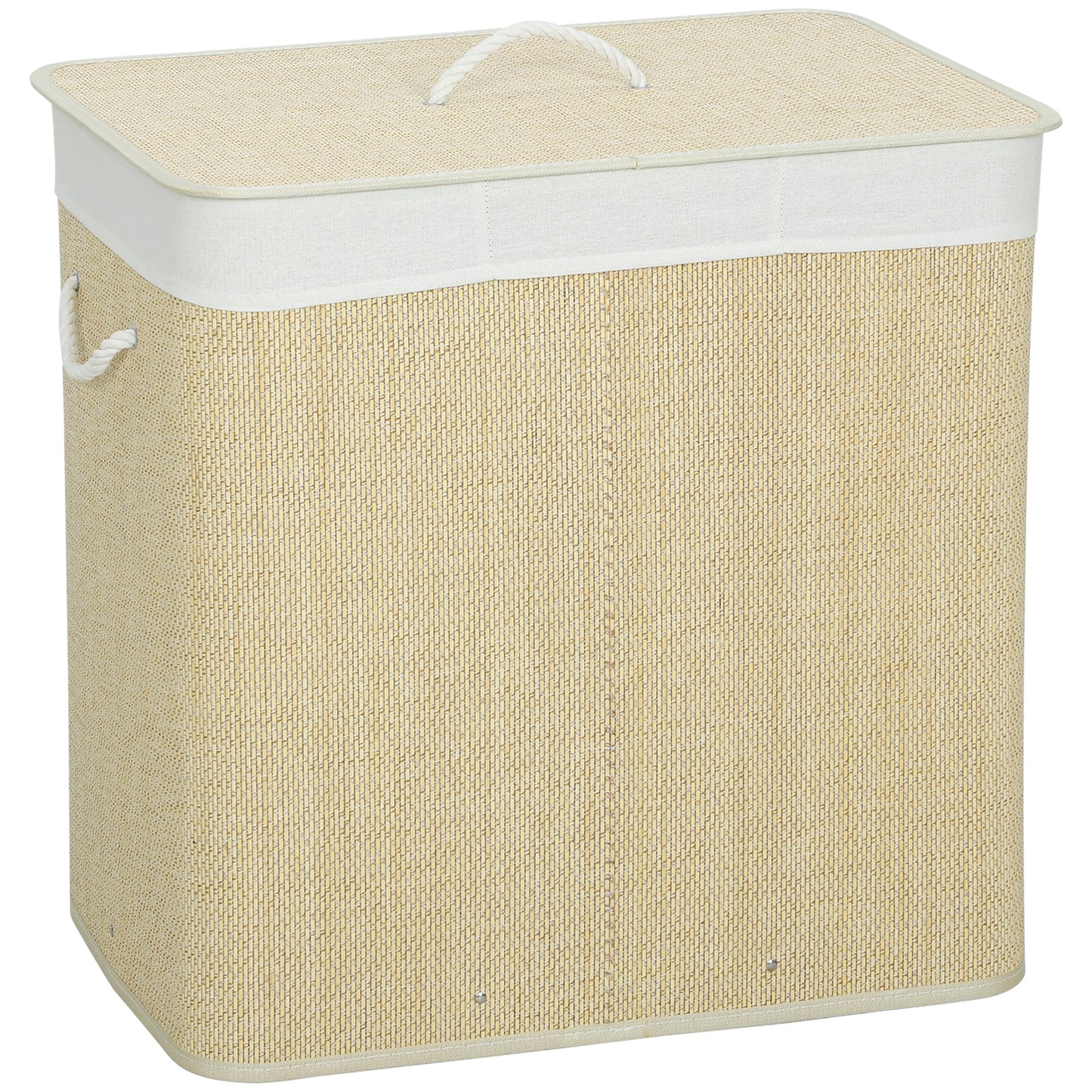 144L Laundry Basket with Lid, 3 Section Bamboo Laundry Hamper with Removable and Washable Liner, Handles, Dirty Clothes Hamper for Bathroom, Bedroom, Cream White