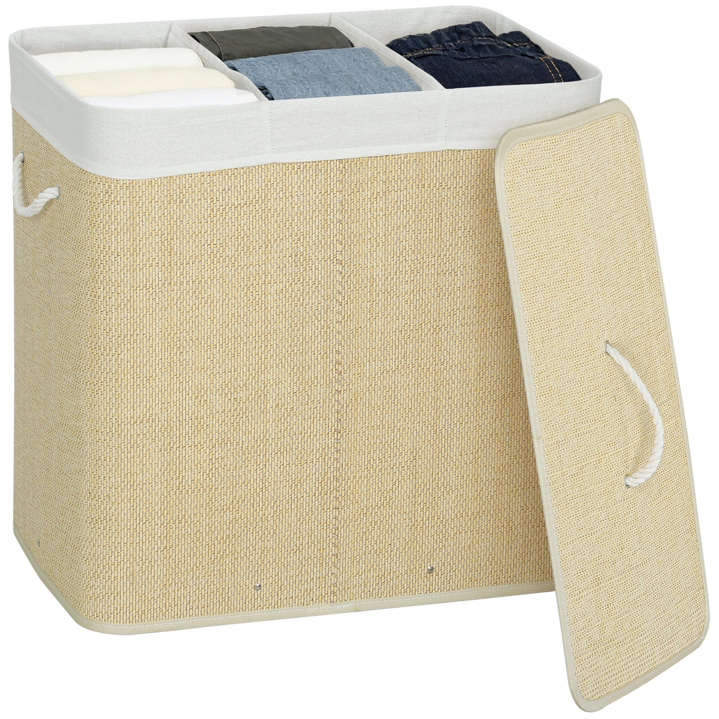 144L Laundry Basket with Lid, 3 Section Bamboo Laundry Hamper with Removable and Washable Liner, Handles, Dirty Clothes Hamper for Bathroom, Bedroom, Cream White