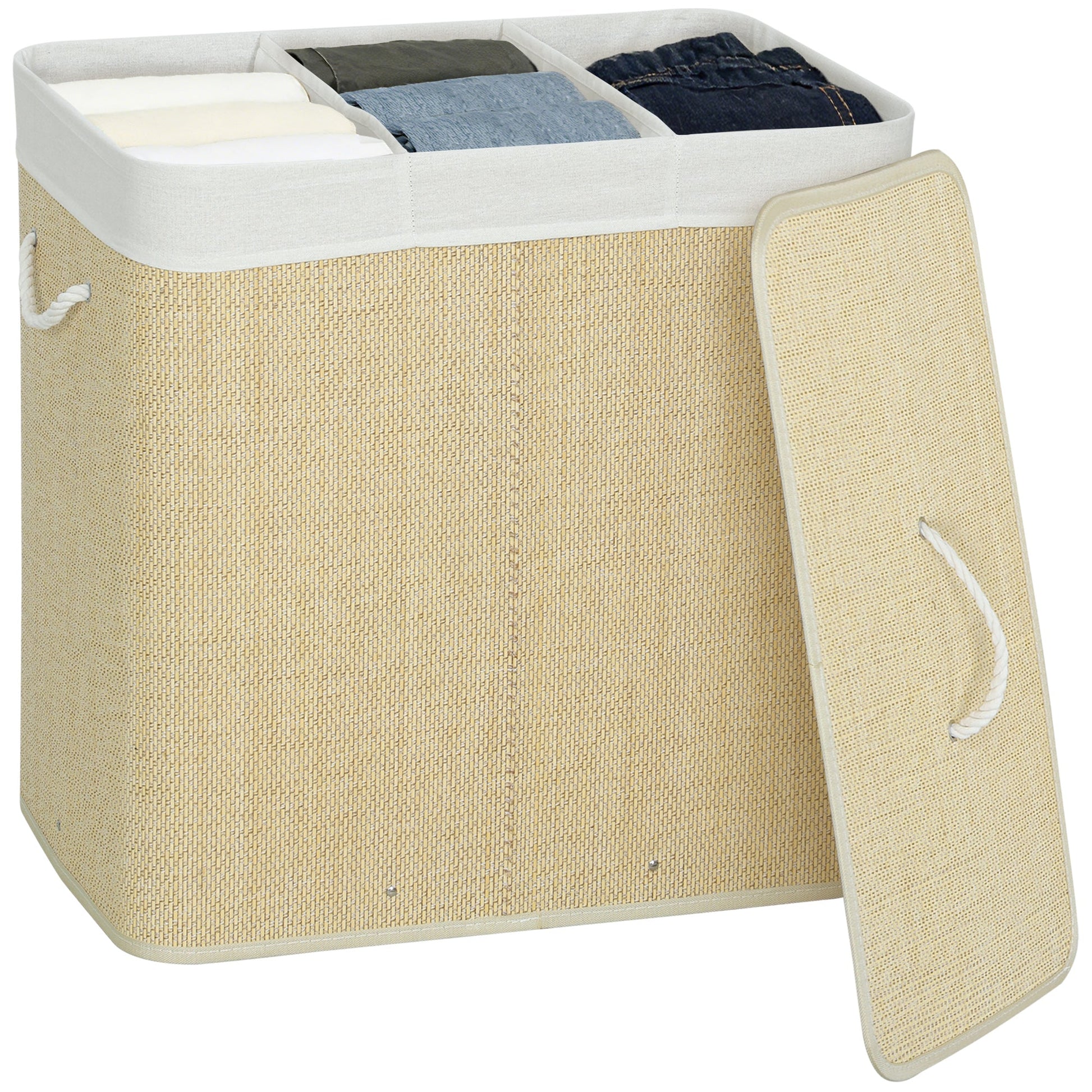 144L Laundry Basket with Lid, 3 Section Bamboo Laundry Hamper with Removable and Washable Liner, Handles, Dirty Clothes Hamper for Bathroom, Bedroom, Cream White