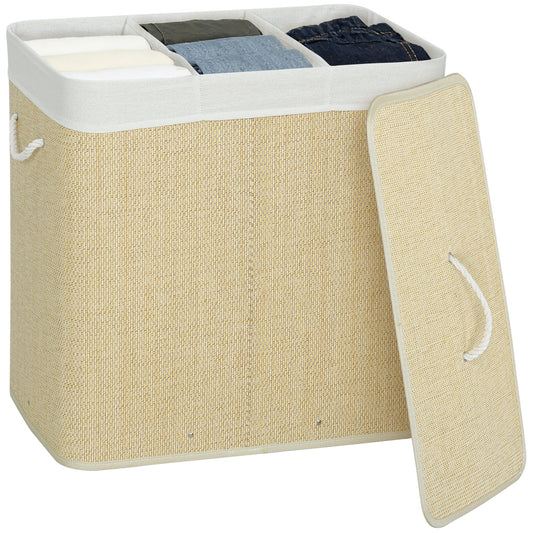 144L Laundry Basket with Lid, 3 Section Bamboo Laundry Hamper with Removable and Washable Liner, Handles, Dirty Clothes Hamper for Bathroom, Bedroom, Cream White