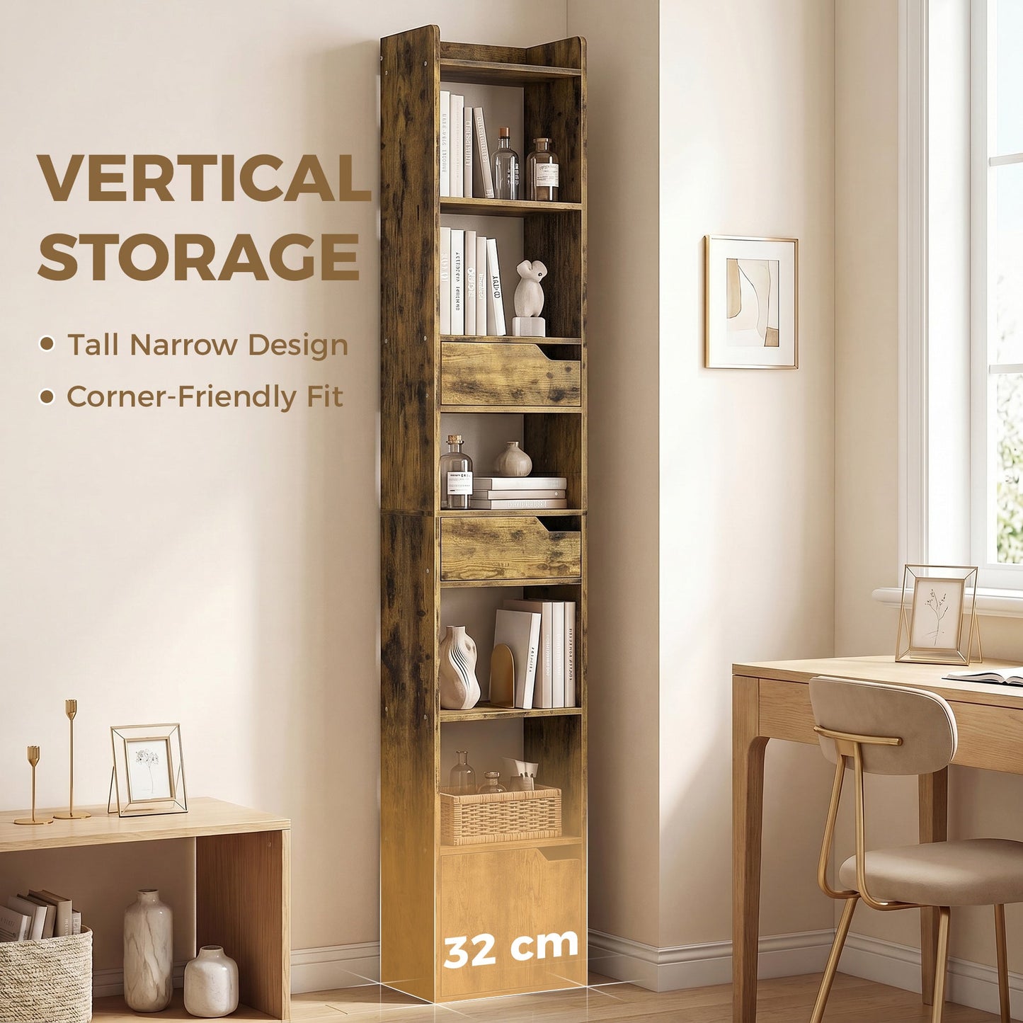 Bookcase with Drawers and Cabinet, 5-Tier Bookshelf, Narrow Tall Storage Cabinet with Anti-Tip for Living Room, Study, Home Office, Rustic Brown