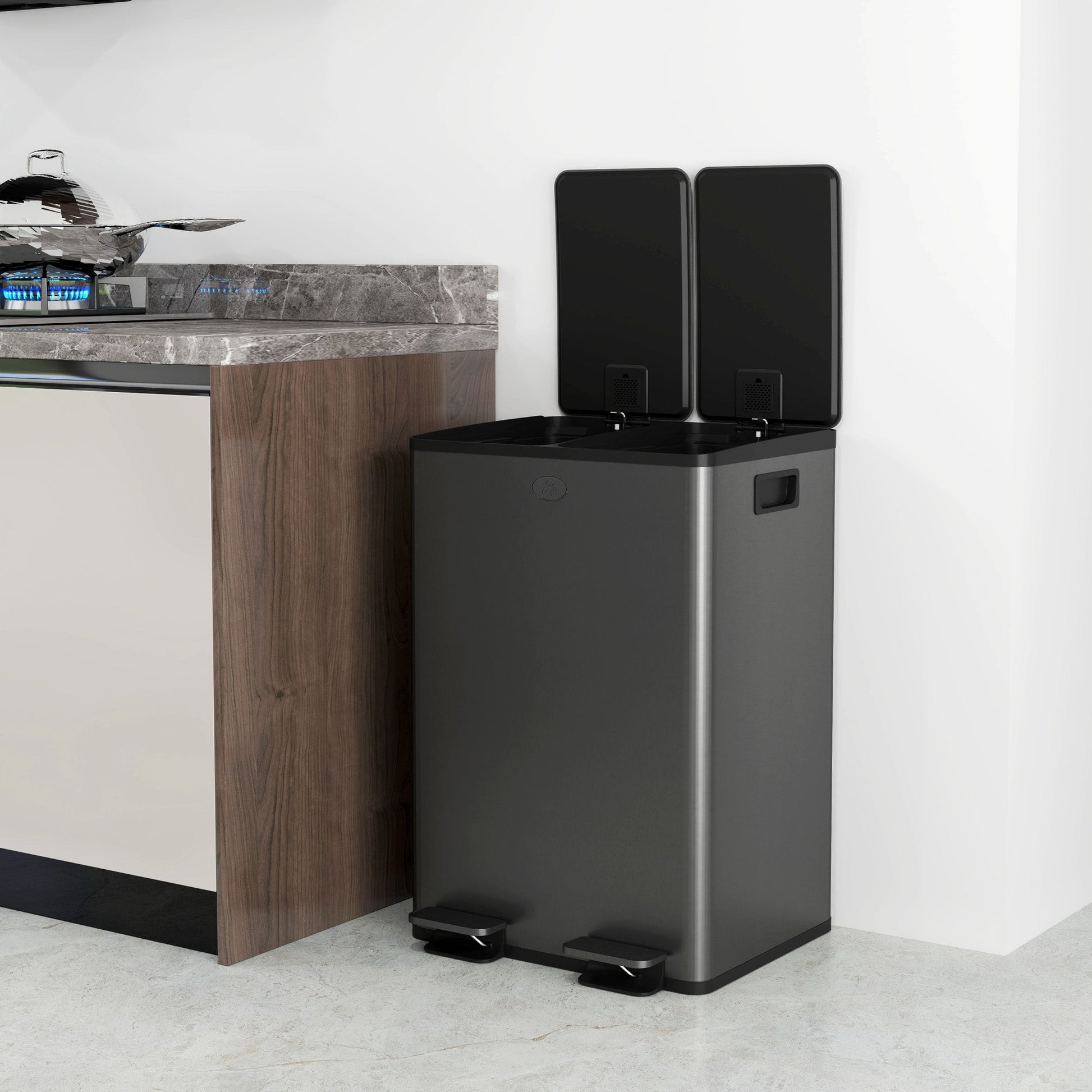 Dual Kitchen Bin, 2 x 28L Stainless Steel Double Rubbish Bin with Soft Close Lid, Removable Inner Buckets, Fingerprint-Proof for Recycling and Waste, Black