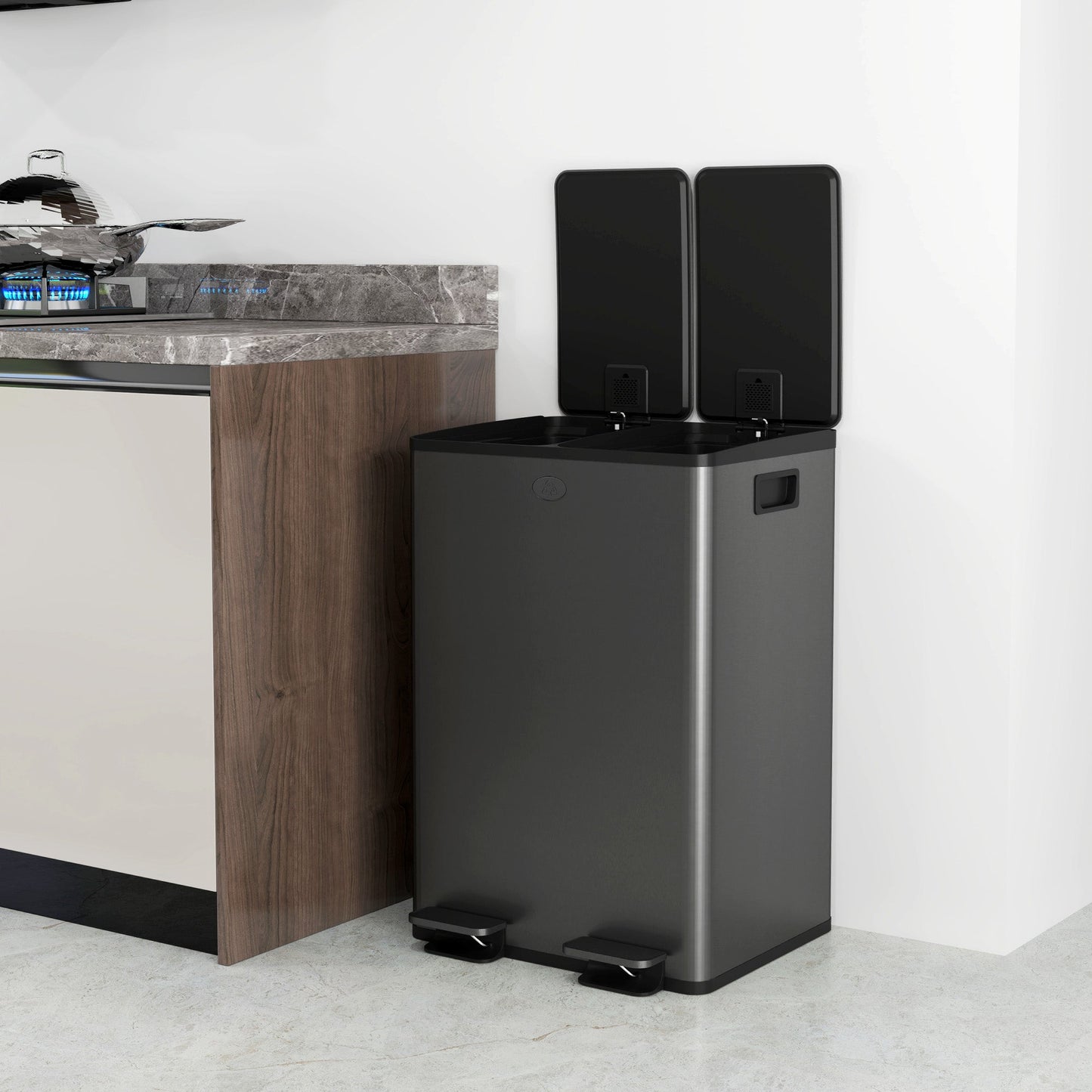 Dual Kitchen Bin, 2 x 28L Stainless Steel Double Rubbish Bin with Soft Close Lid, Removable Inner Buckets, Fingerprint-Proof for Recycling and Waste, Black