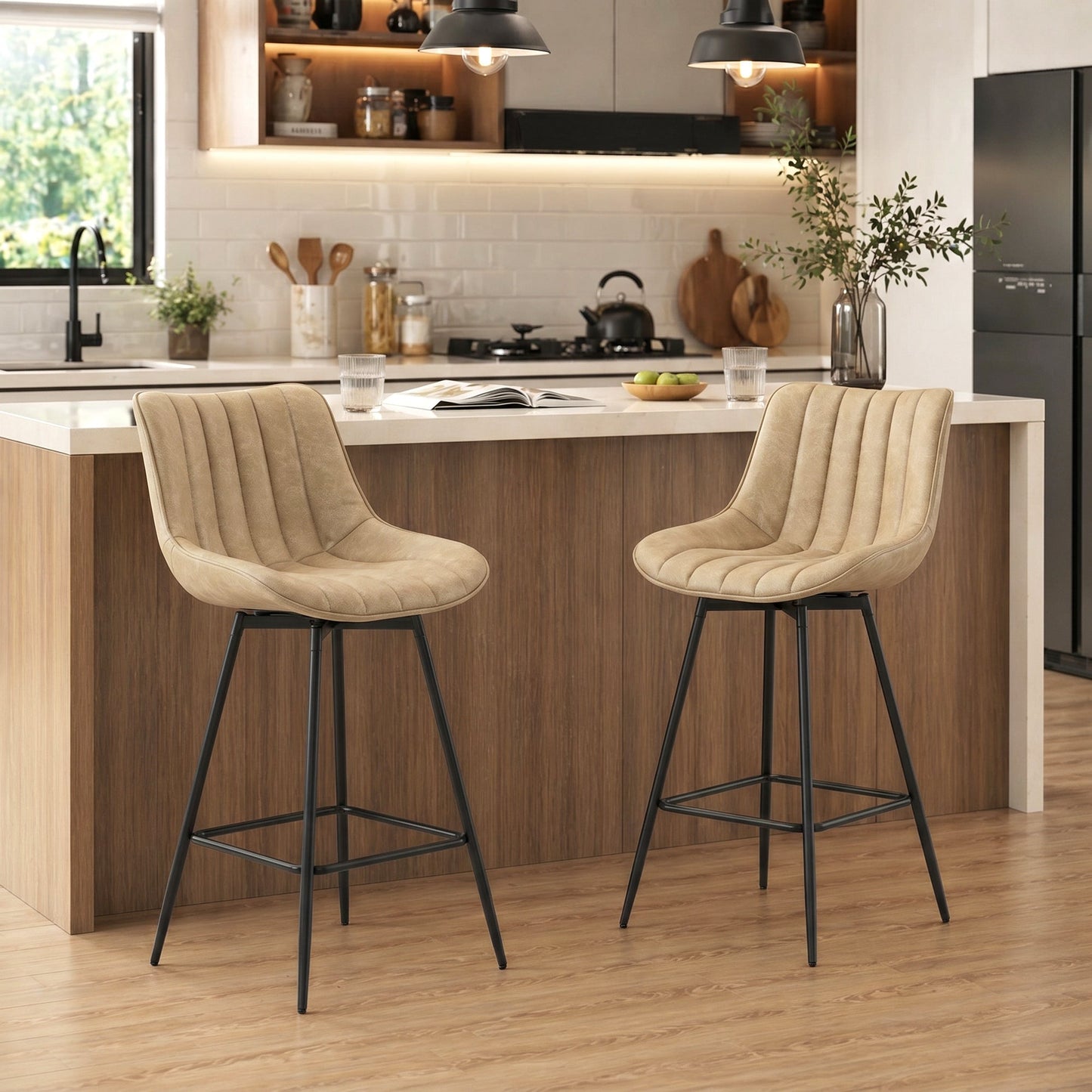 Swivel Bar Stools Set of 2, Textured Faux Leather Counter Stools with Backrest and Footrest, Height Adjustable Breakfast Chairs for Kitchen Island, Home Bar, Dining Room, Light Brown