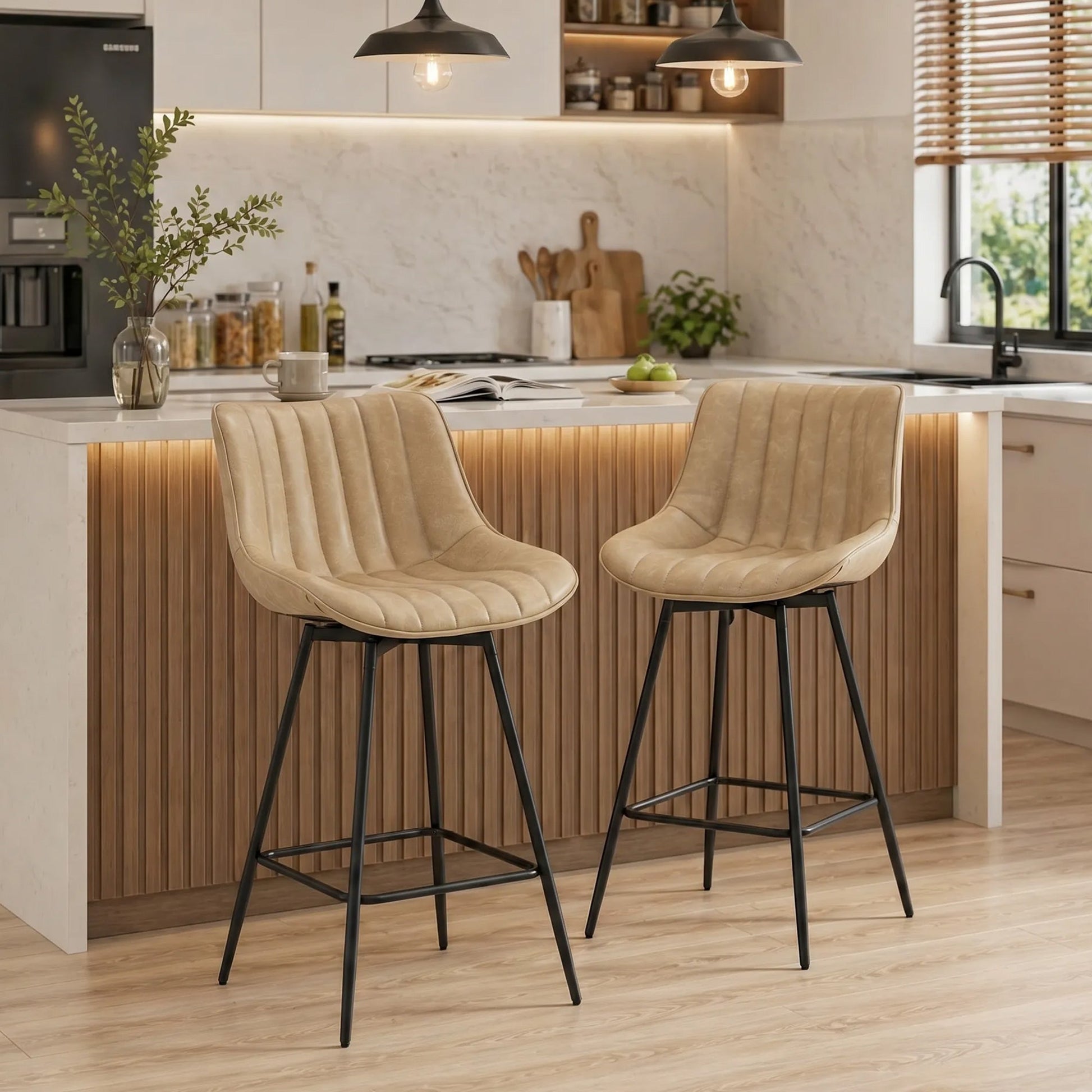 Swivel Bar Stools Set of 2, Textured Faux Leather Counter Stools with Backrest and Footrest, Height Adjustable Breakfast Chairs for Kitchen Island, Home Bar, Dining Room, Light Brown