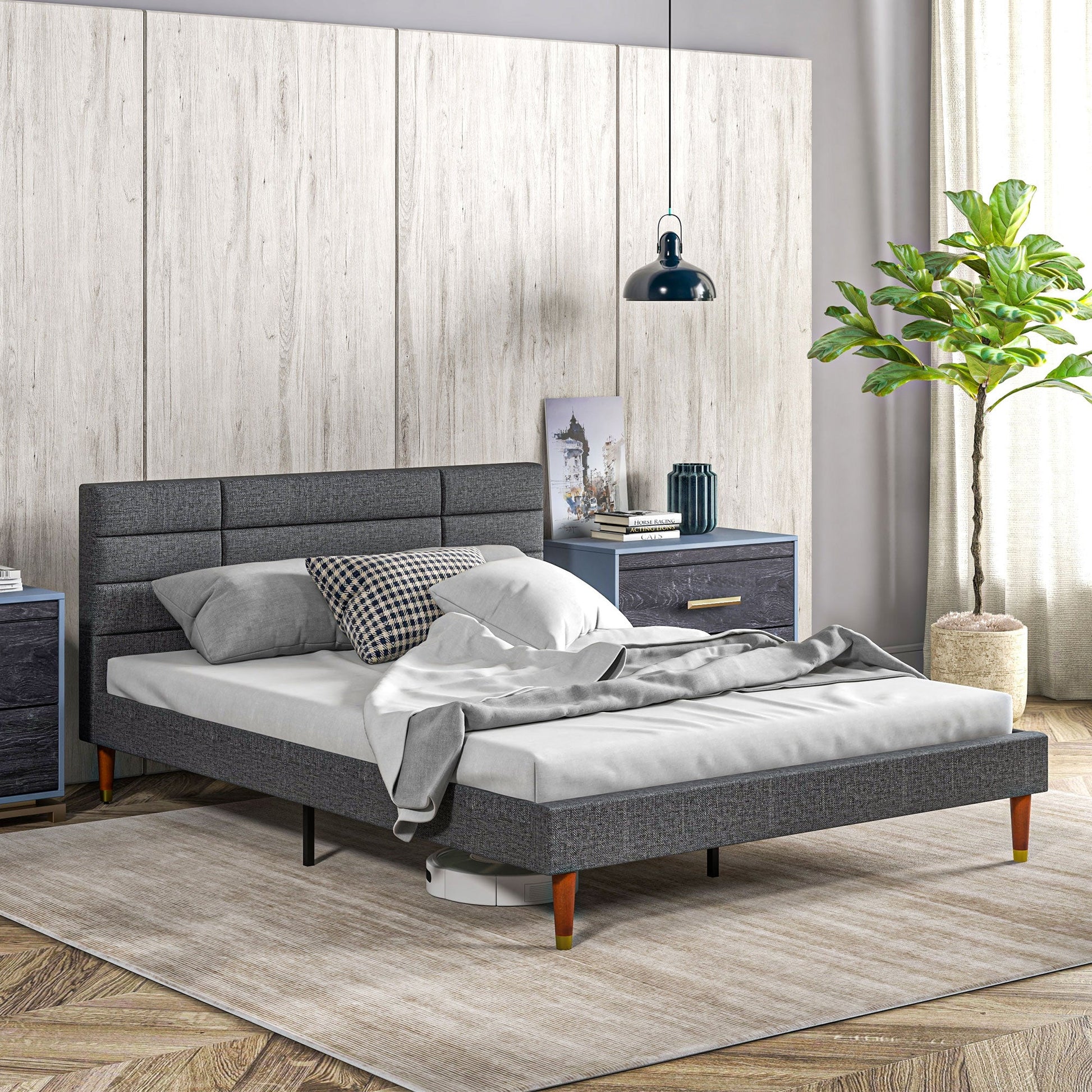 HOMCOM 5ft King Bed Frame with Underbed Storage, Upholstered Platform Bed Frame with Tufted Headboard and Wood Slat Support, No Box Spring Needed, Easy Assembly, Grey