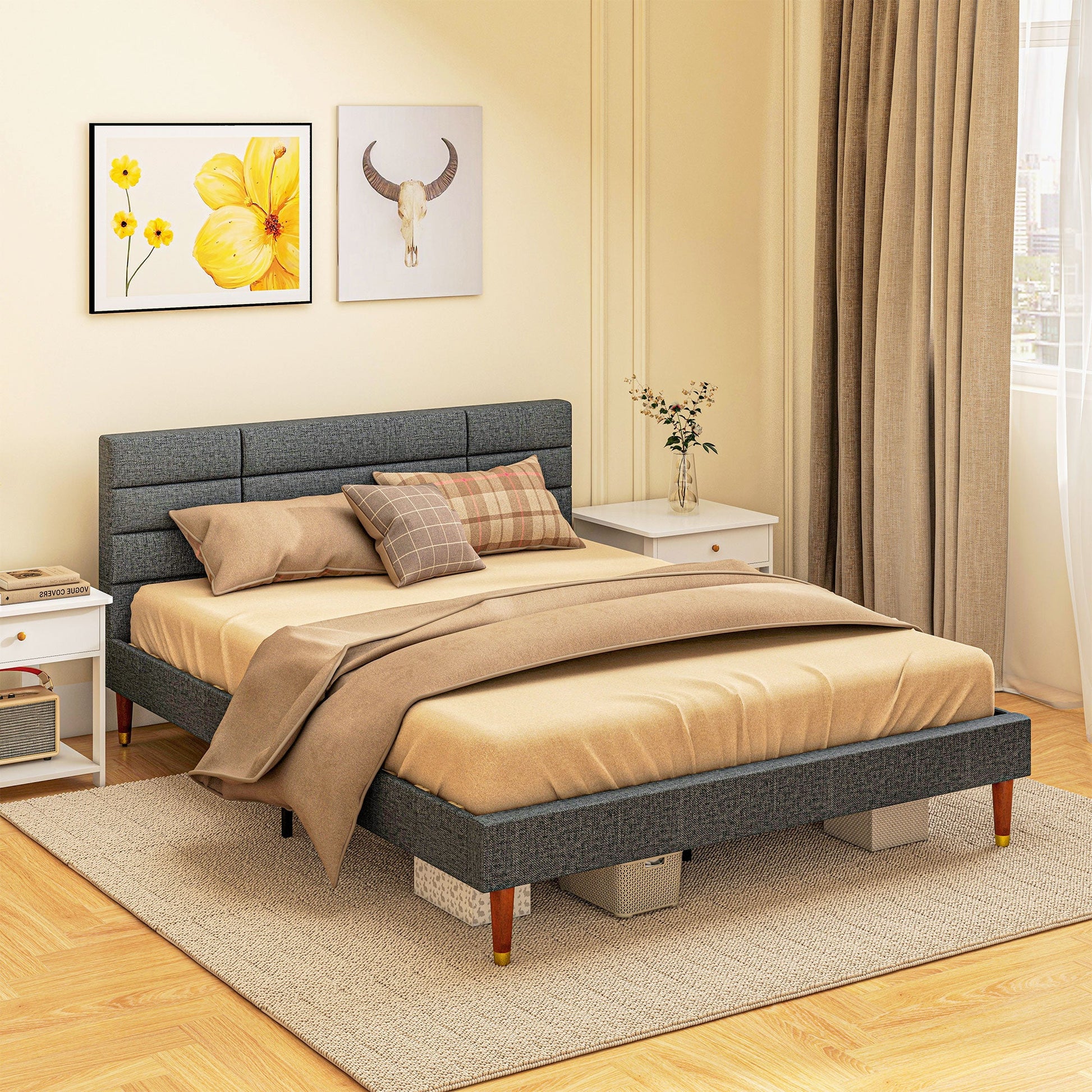 HOMCOM 5ft King Bed Frame with Underbed Storage, Upholstered Platform Bed Frame with Tufted Headboard and Wood Slat Support, No Box Spring Needed, Easy Assembly, Grey