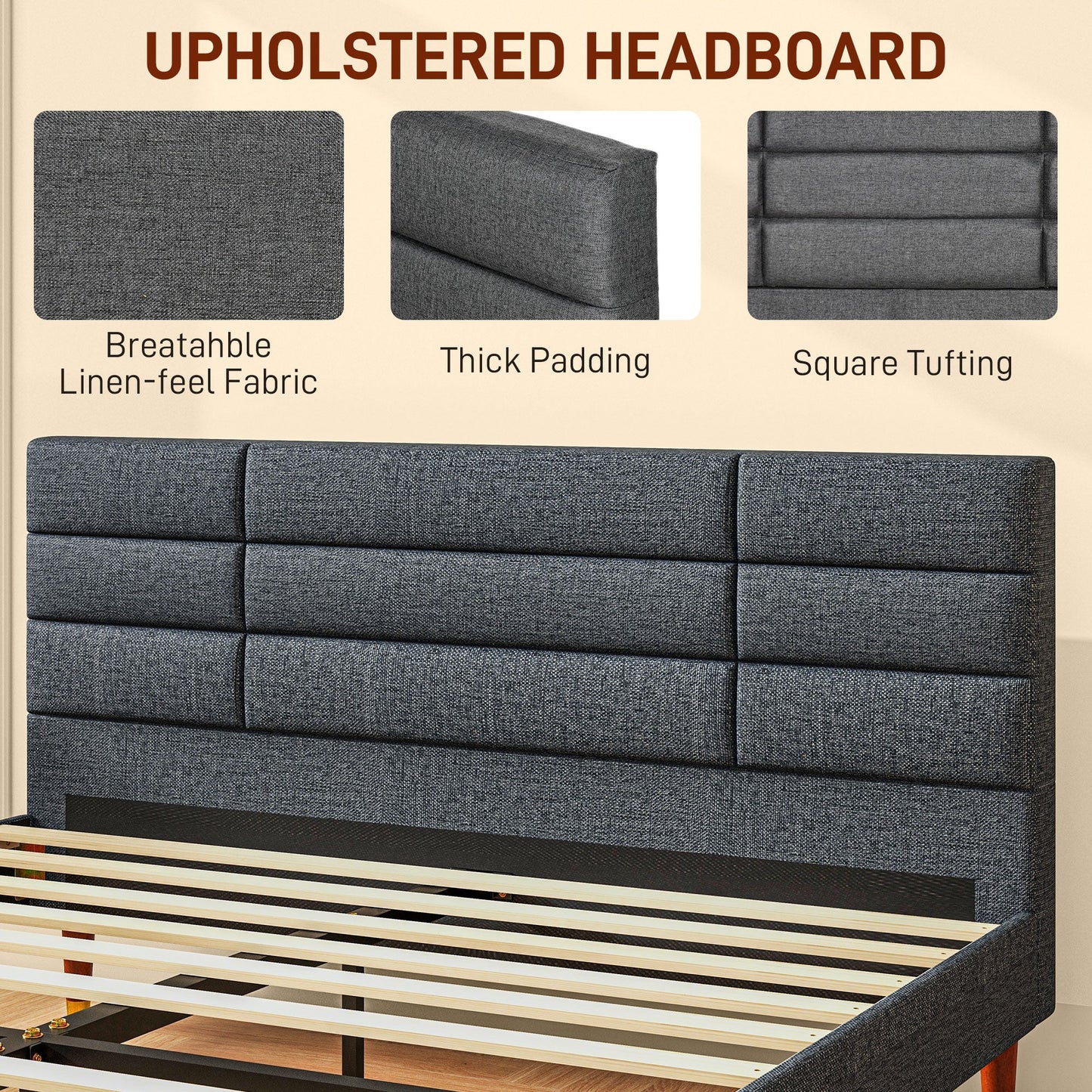 HOMCOM 5ft King Bed Frame with Underbed Storage, Upholstered Platform Bed Frame with Tufted Headboard and Wood Slat Support, No Box Spring Needed, Easy Assembly, Grey