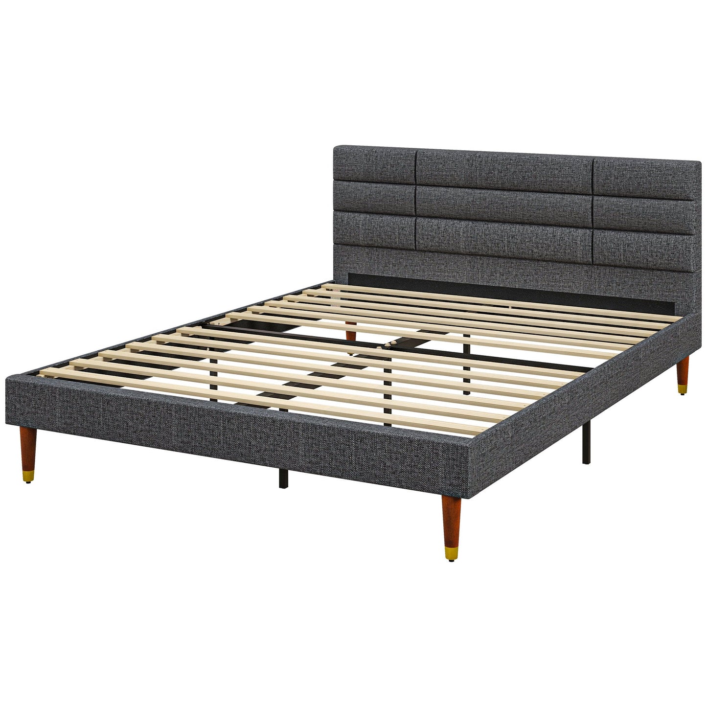 HOMCOM 5ft King Bed Frame with Underbed Storage, Upholstered Platform Bed Frame with Tufted Headboard and Wood Slat Support, No Box Spring Needed, Easy Assembly, Grey