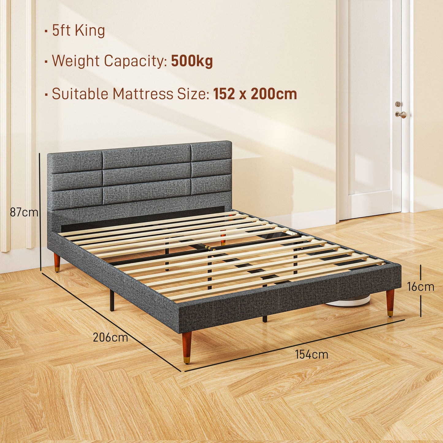 HOMCOM 5ft King Bed Frame with Underbed Storage, Upholstered Platform Bed Frame with Tufted Headboard and Wood Slat Support, No Box Spring Needed, Easy Assembly, Grey
