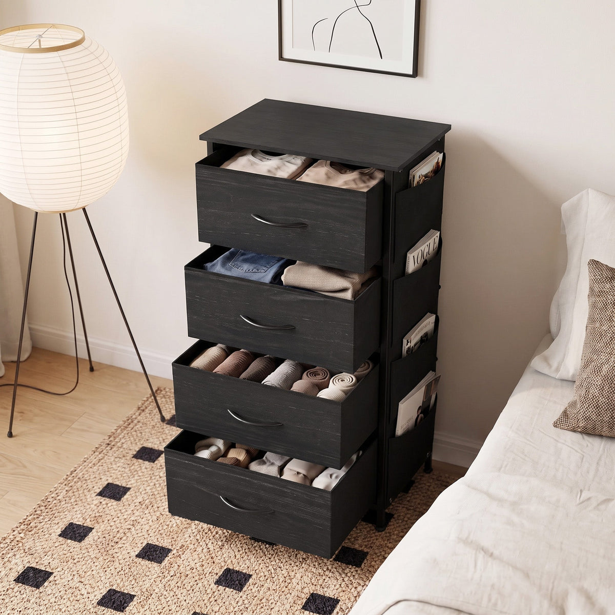 Chest of Drawers, Dresser for Bedroom with 4 Fabric Drawers, Tall Storage Unit with 4 Pockets, 2 Hooks and Steel Frame for Living Room, Hallway, Black