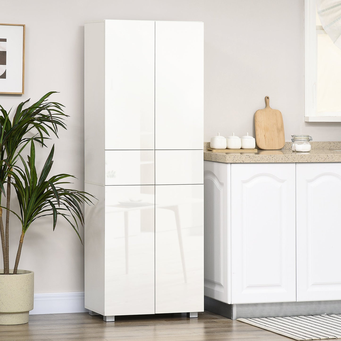4-Door Kitchen Cupboard, Tall Freestanding 5-Tier Storage Cabinet with 3 Adjustable Shelves, 2 Drawers for Living Room, Dining Room, Push to Open Design, High Gloss White