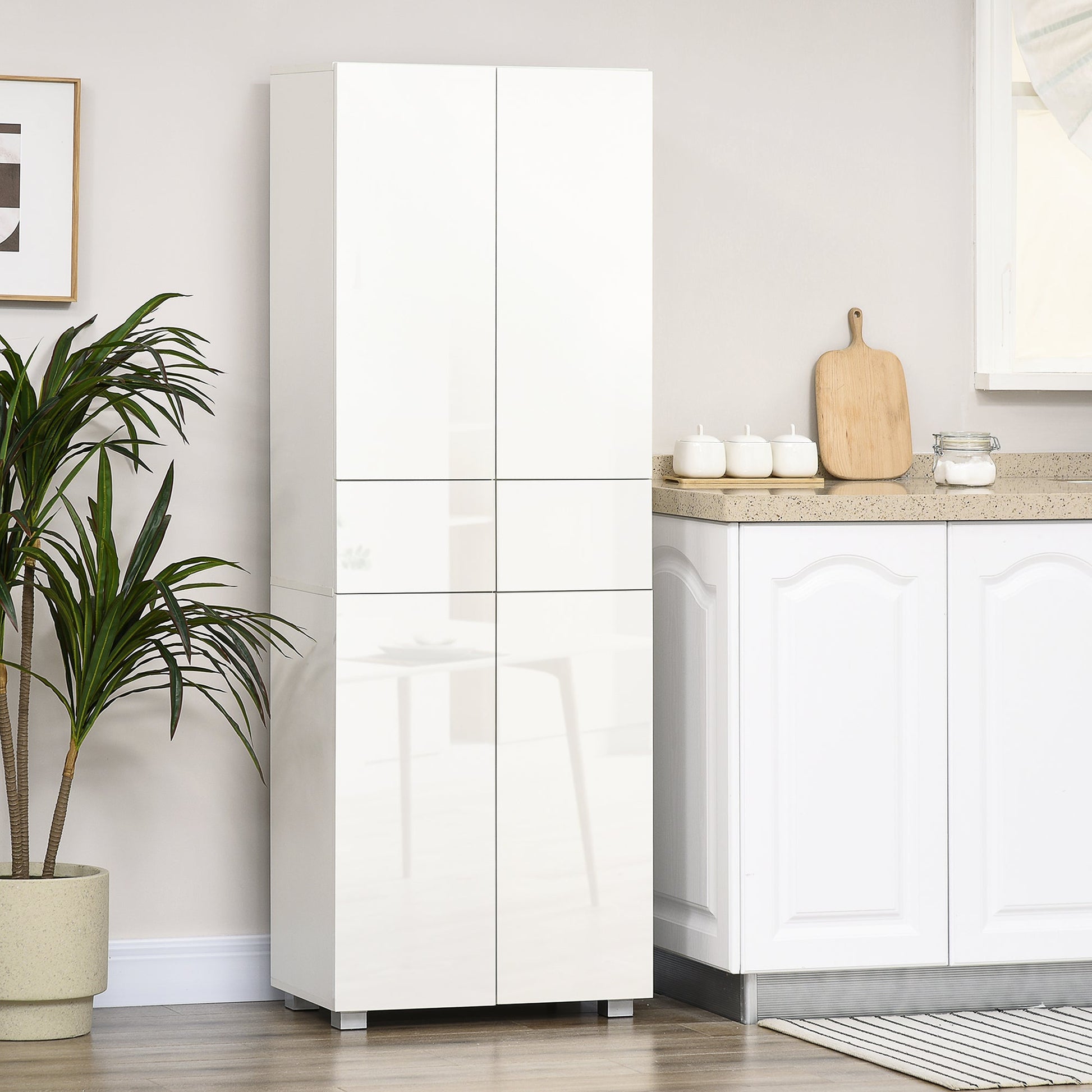 4-Door Kitchen Cupboard, Tall Freestanding 5-Tier Storage Cabinet with 3 Adjustable Shelves, 2 Drawers for Living Room, Dining Room, Push to Open Design, High Gloss White