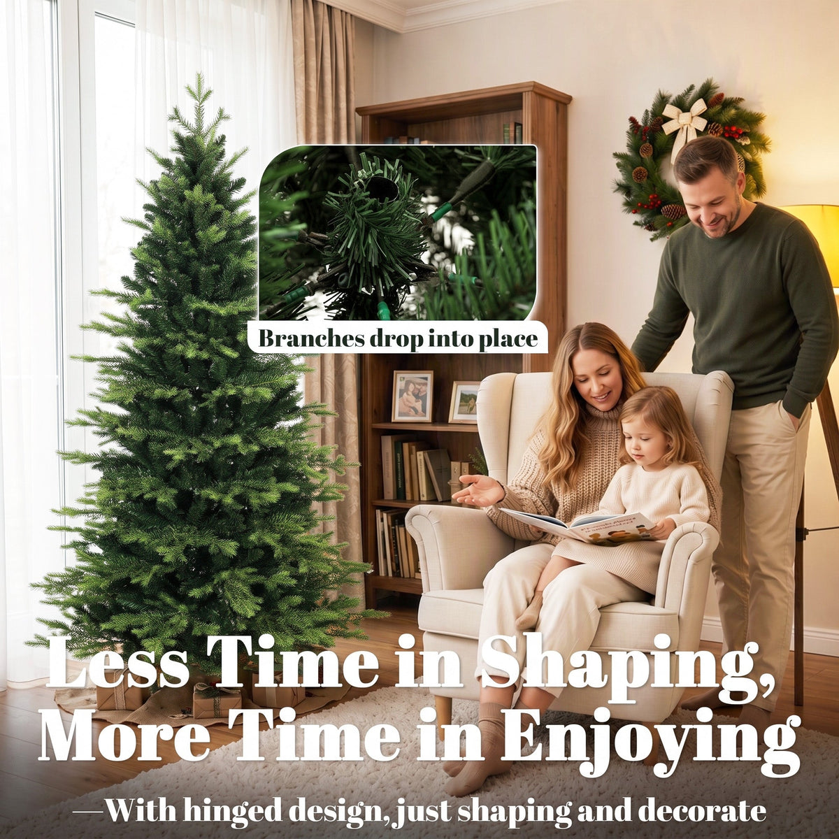 6ft/180cm Artificial Christmas Tree, Geneva Fir Hinged Xmas Tree with 1610 Branch Tips, Foldable Steel Stand, Easy Assembly for Home Office Holiday Decoration, Green