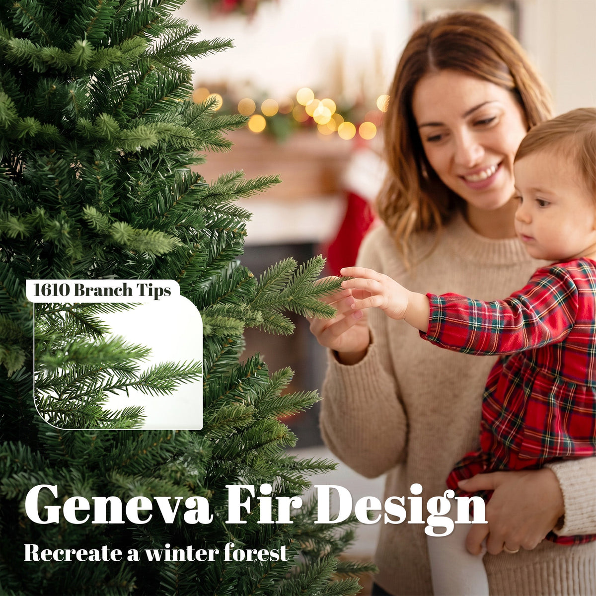 6ft/180cm Artificial Christmas Tree, Geneva Fir Hinged Xmas Tree with 1610 Branch Tips, Foldable Steel Stand, Easy Assembly for Home Office Holiday Decoration, Green