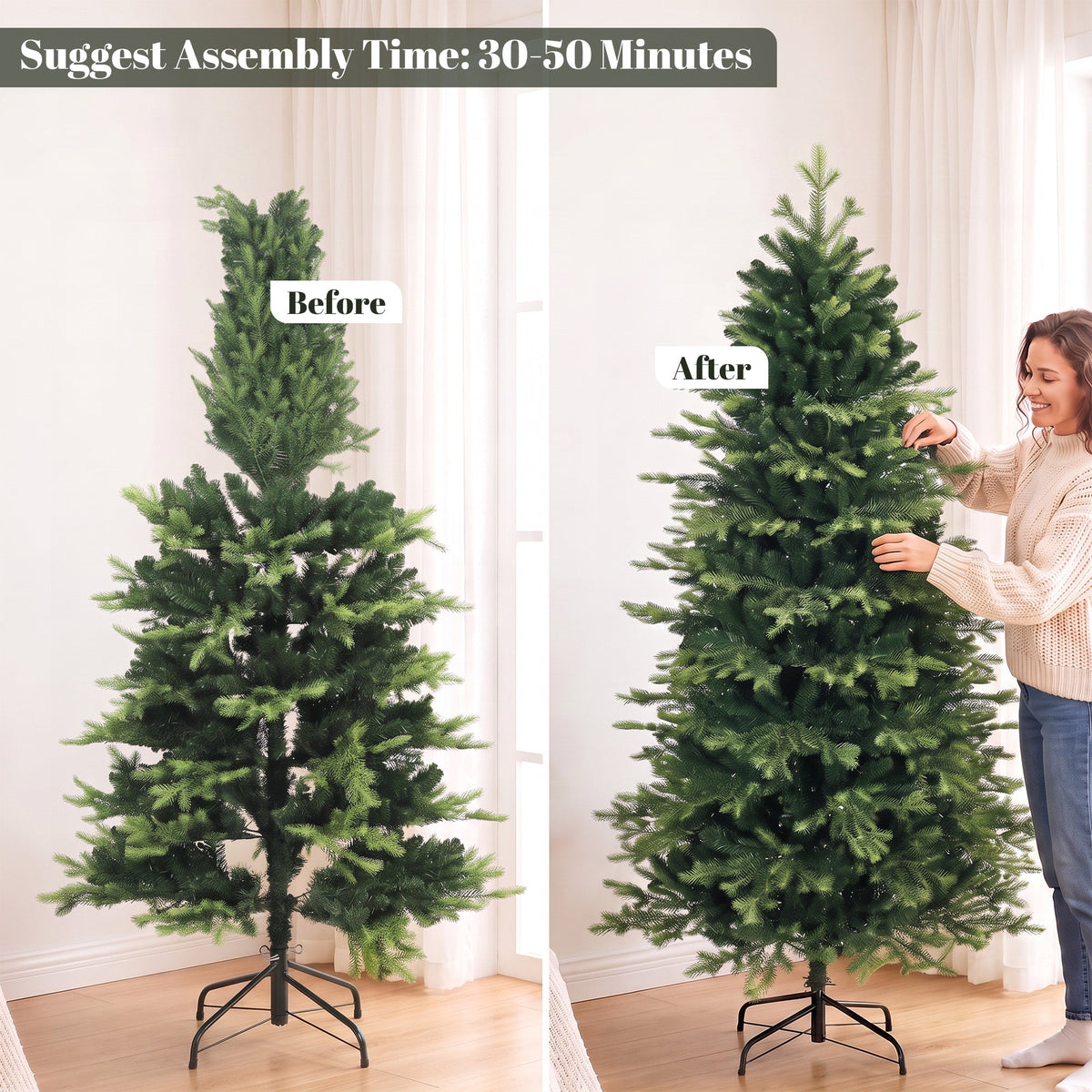 6ft/180cm Artificial Christmas Tree, Geneva Fir Hinged Xmas Tree with 1610 Branch Tips, Foldable Steel Stand, Easy Assembly for Home Office Holiday Decoration, Green