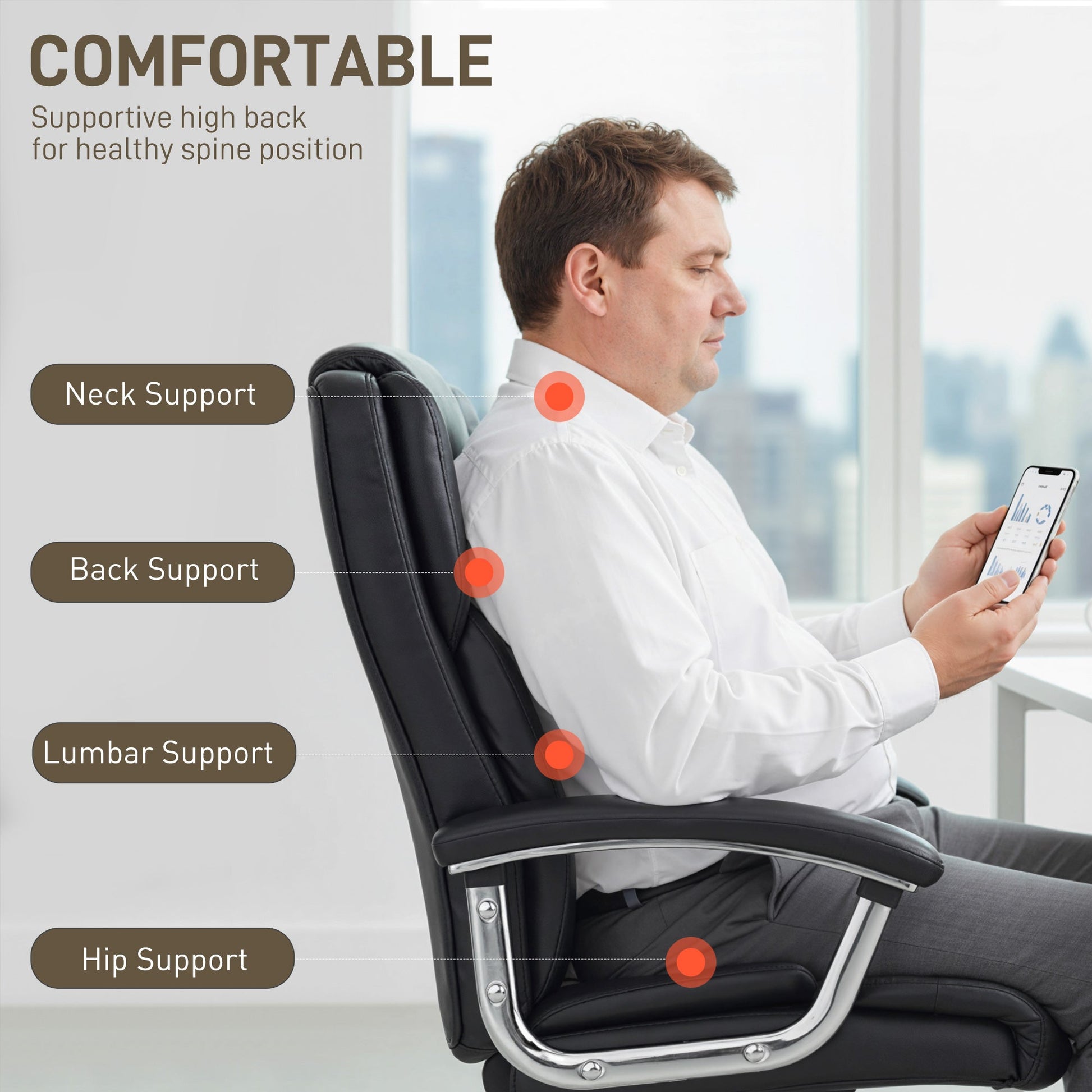 Big and Tall Office Chair 180kg, Executive PU Leather Desk Chair with Spring Cushion, Wide Seat, High Back, Adjustable Height, Swivel Wheels, Built-in Headrest, Tilt Function, Black