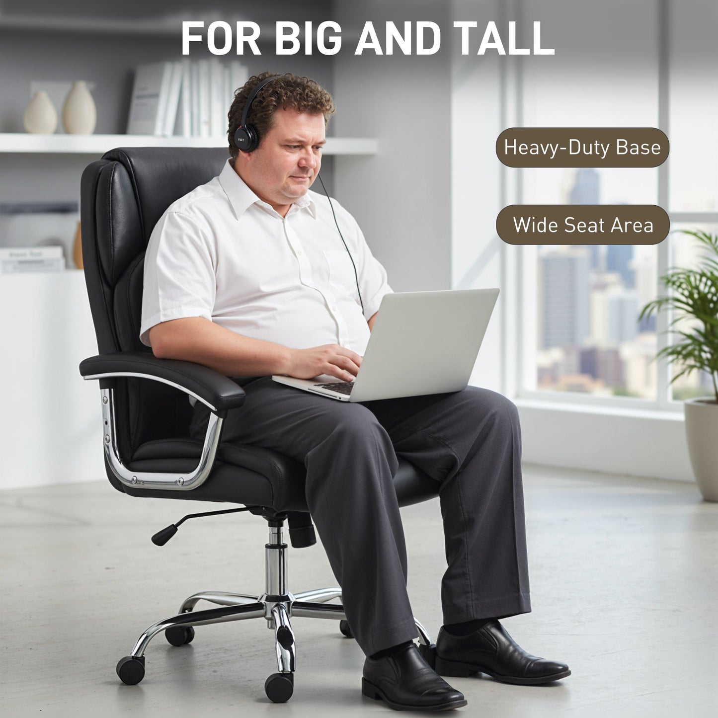 Big and Tall Office Chair 180kg, Executive PU Leather Desk Chair with Spring Cushion, Wide Seat, High Back, Adjustable Height, Swivel Wheels, Built-in Headrest, Tilt Function, Black