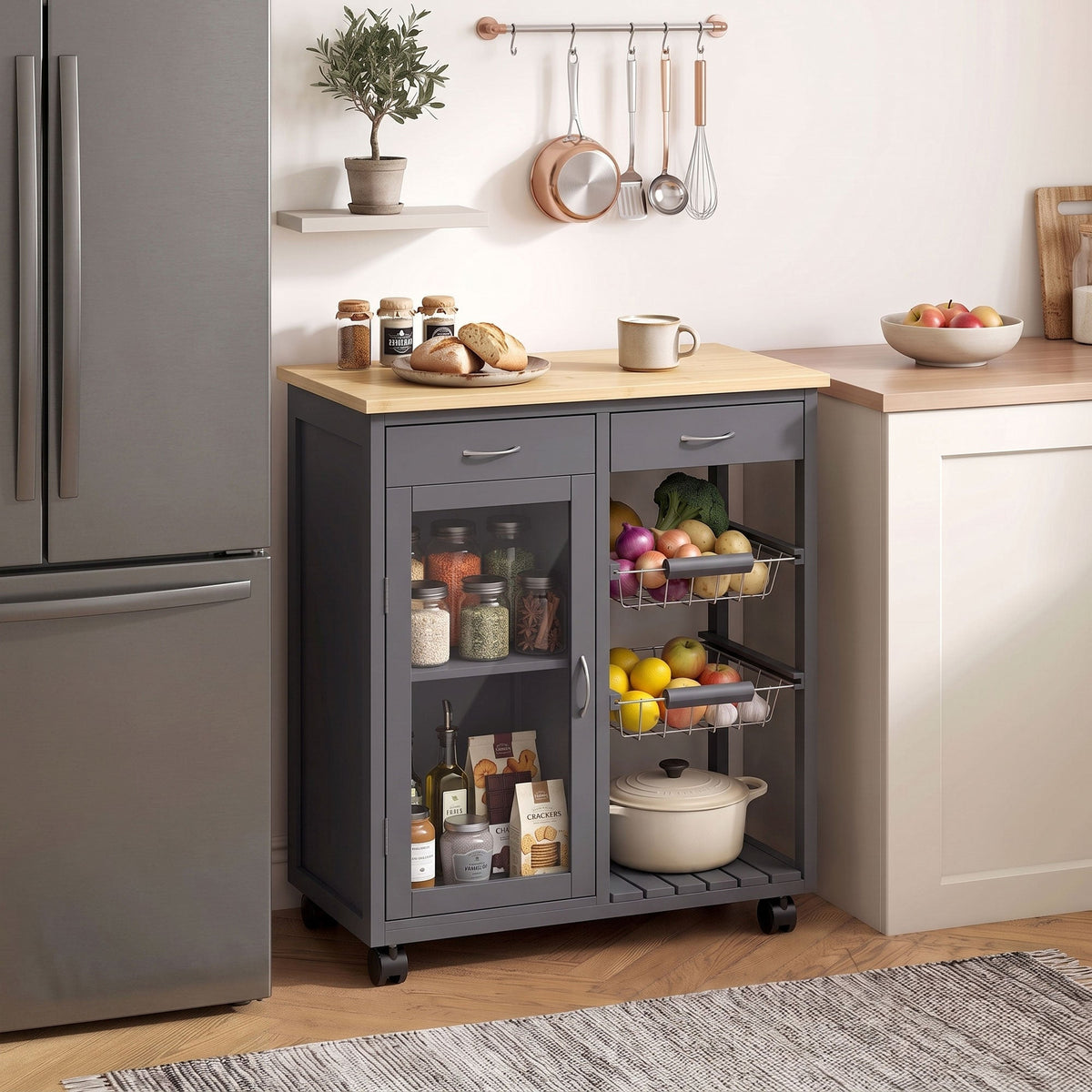 Rolling Kitchen Trolley, Bamboo Kitchen Island with Glass Door, 2 Metal Wire Baskets, 2 Drawers & Adjustable Shelf, 67 x 35 x 80 cm, Grey