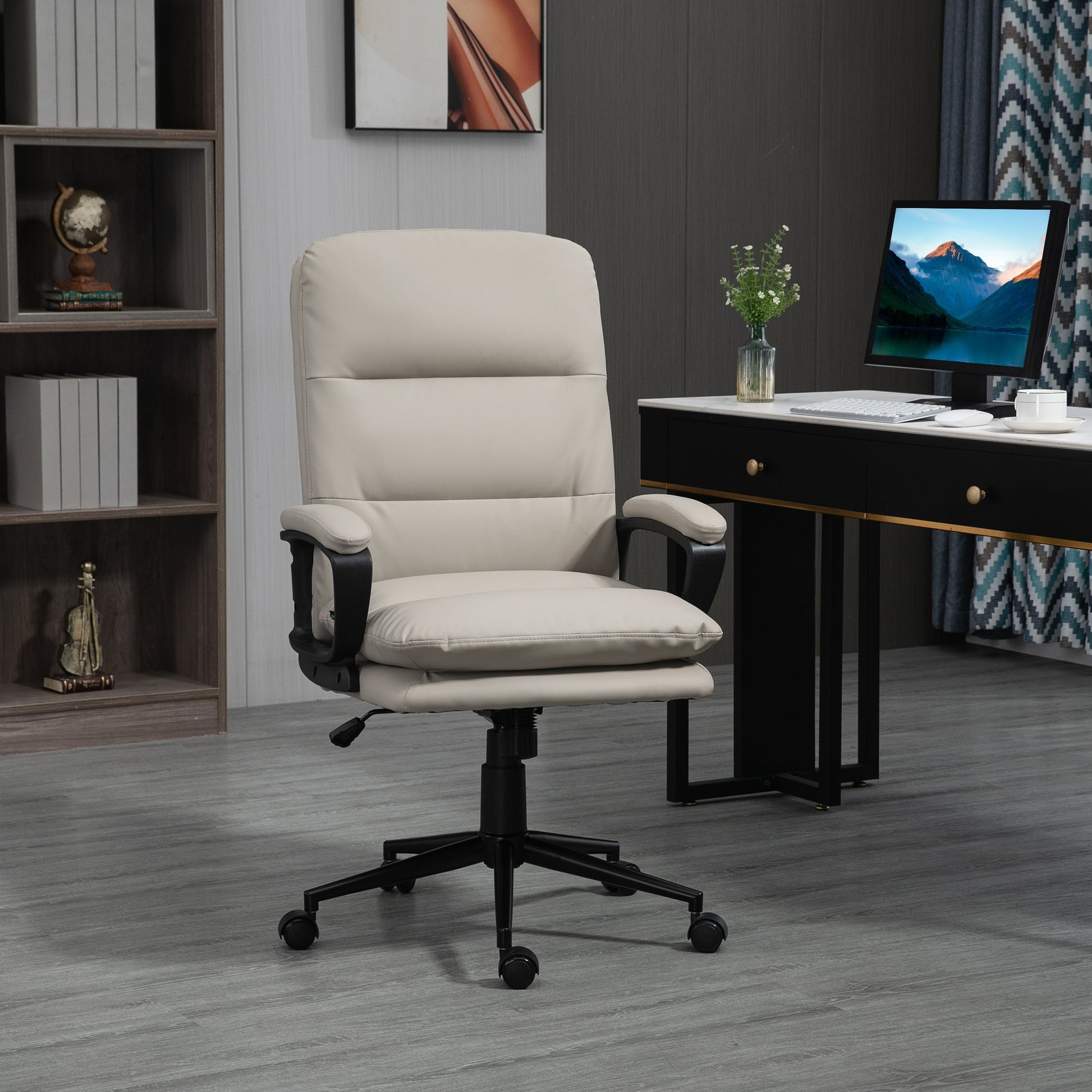 Vinsetto Ergonomic Computer Desk Chair, PU Leather Office Chair with Adjustable Height and Swivel Rolling Wheels for Work Study, Light Grey