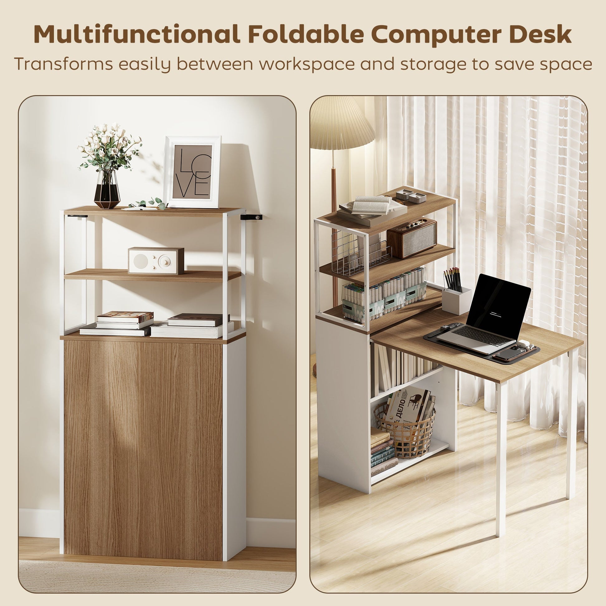 Folding Computer Desk with 4-Tier Bookshelf, Space-Saving Multifunctional Small Office Desk, 2-in-1 Compact Industrial Study Table with Metal Frame for Small Spaces, Home Office, Natural