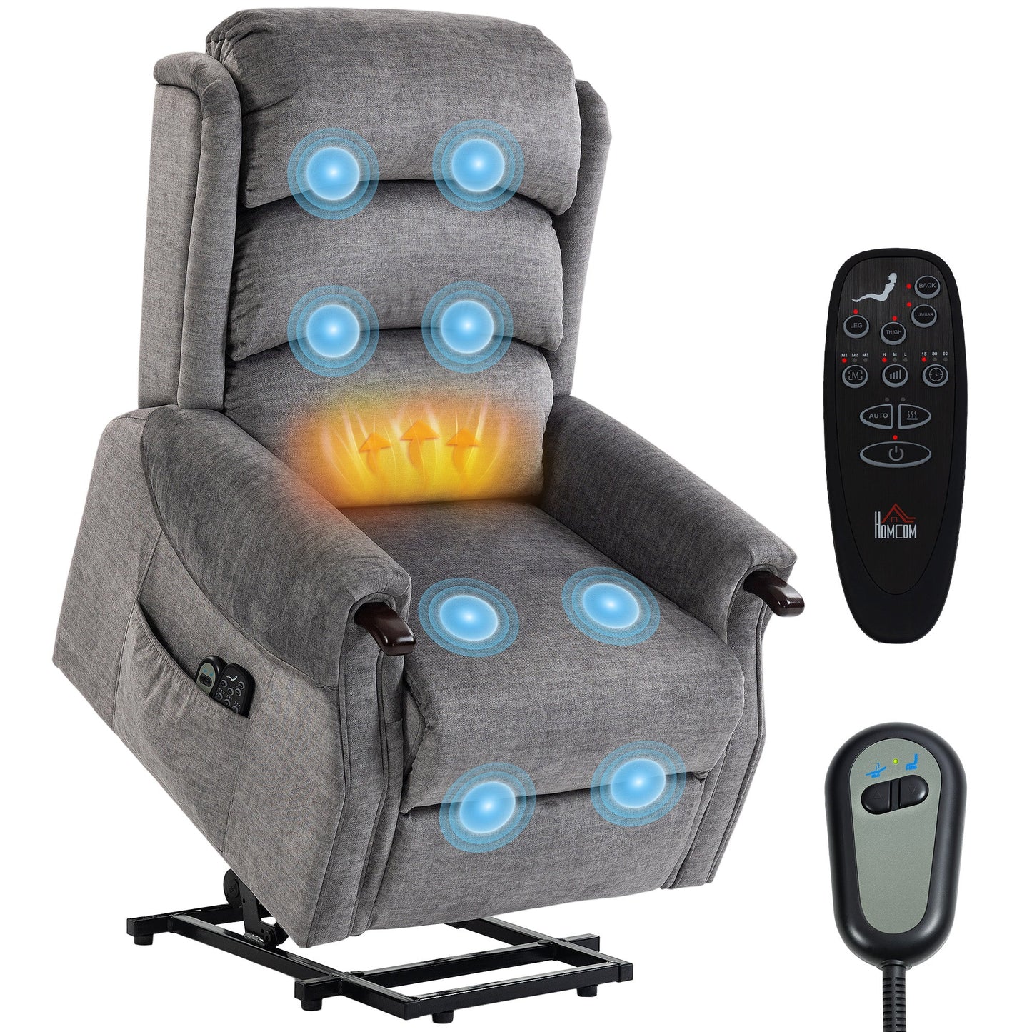 Power Lift Recliner Chair with Vibration Massage and Heat, Electric Lift Chair with Wood Grip, Pocket Spring, Fabric Riser and Reclining Armchair with Remote, Quick Assembly, Light Grey