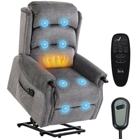 Power Lift Recliner Chair with Vibration Massage and Heat, Electric Lift Chair with Wood Grip, Pocket Spring, Fabric Riser and Reclining Armchair with Remote, Quick Assembly, Light Grey