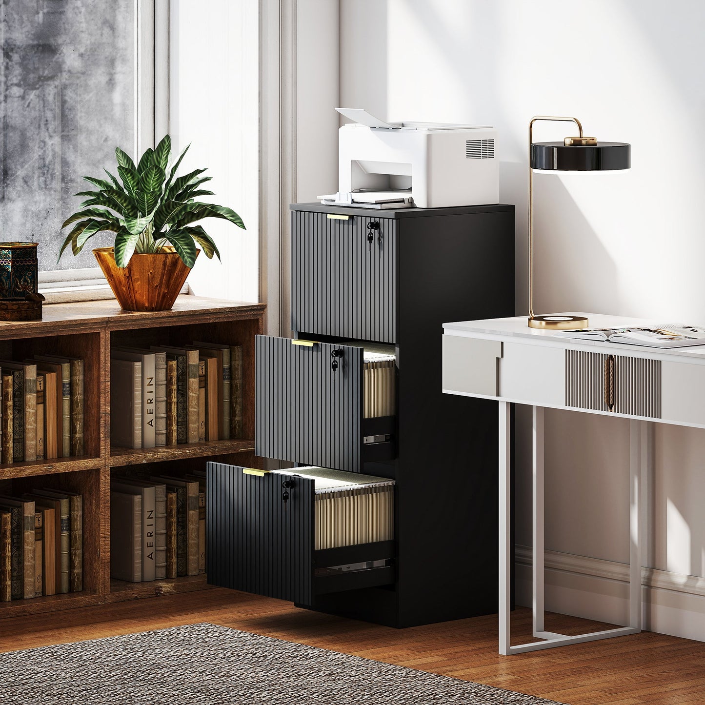 3 Drawer Filing Cabinet, Fluted Vertical File Cabinet with Lock and Adjustable Hanging Rails for A4 and Letter Size Files, Printer Stand with Storage, Black